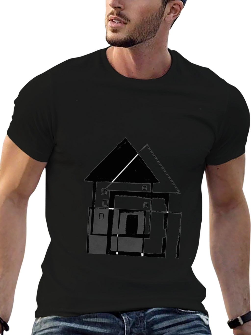 Abstract House Graphic Tee - Black Cotton T-Shirt