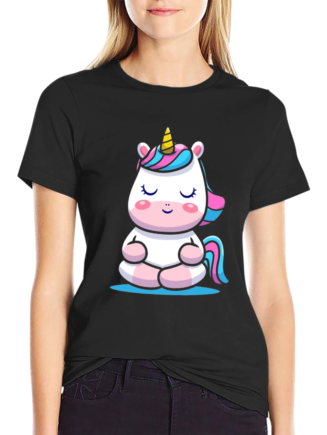 Meditating Unicorn Graphic Tee - Black Cotton Comfort