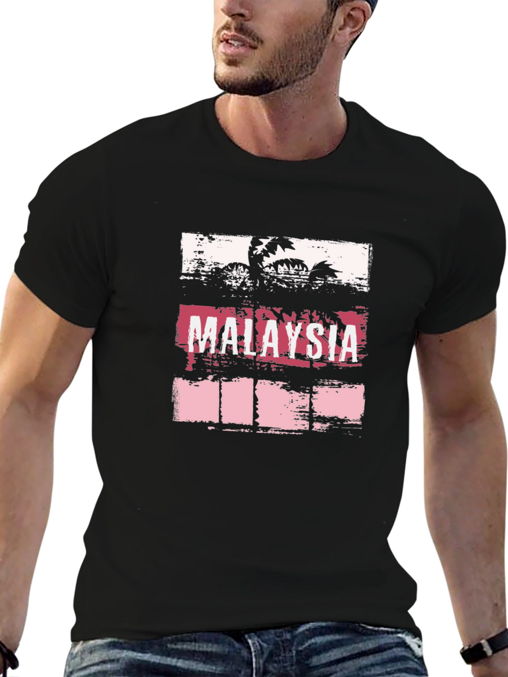 Malaysia Palm Tree Graphic Tee - Black Cotton T-Shirt