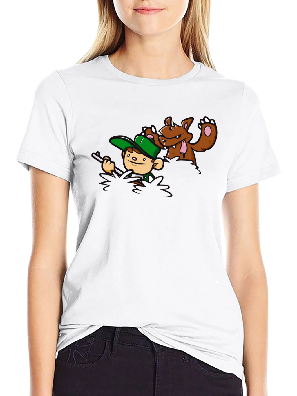 Cartoon Hunter vs. Bear Graphic T-Shirt
