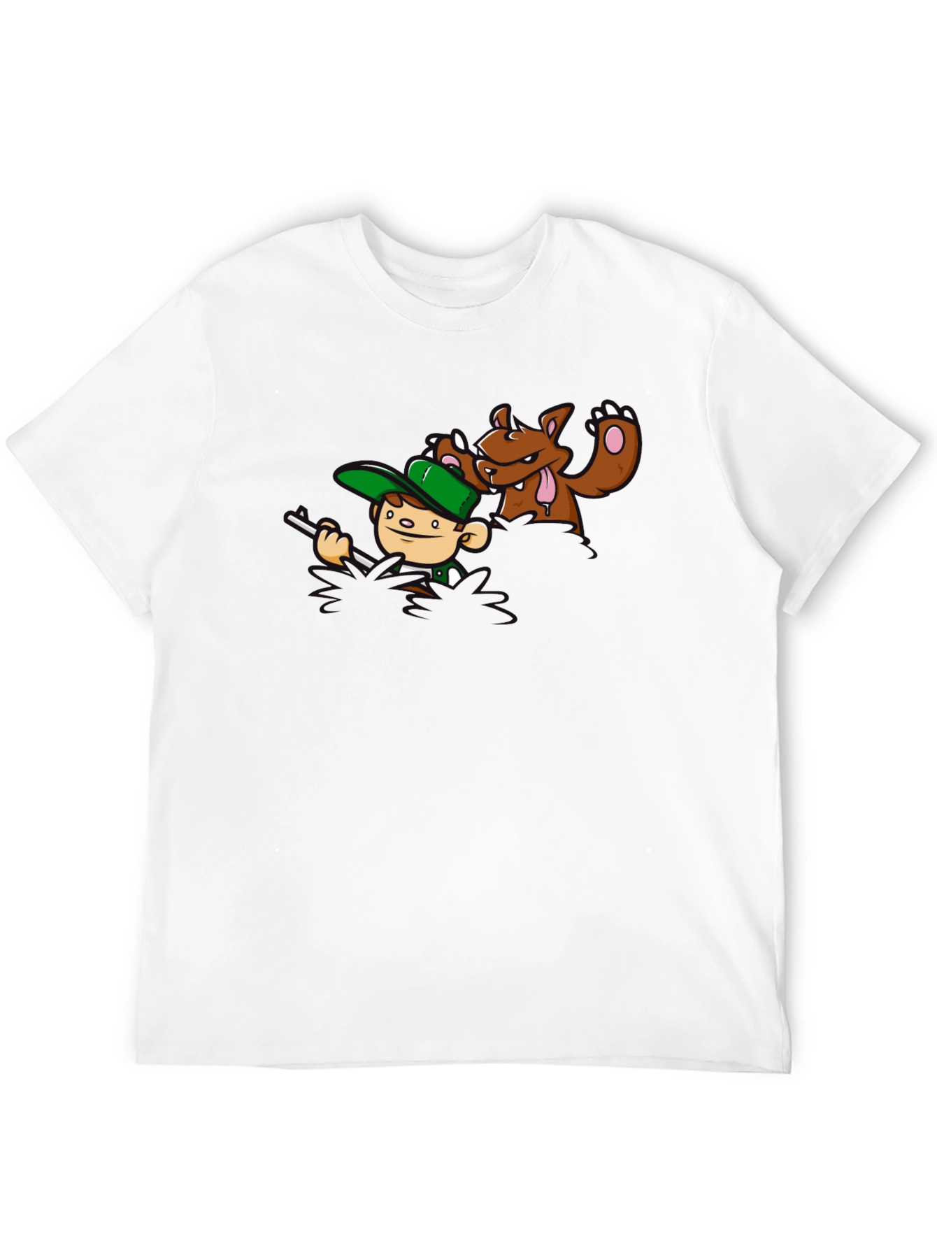 Cartoon Hunter vs. Bear Graphic T-Shirt