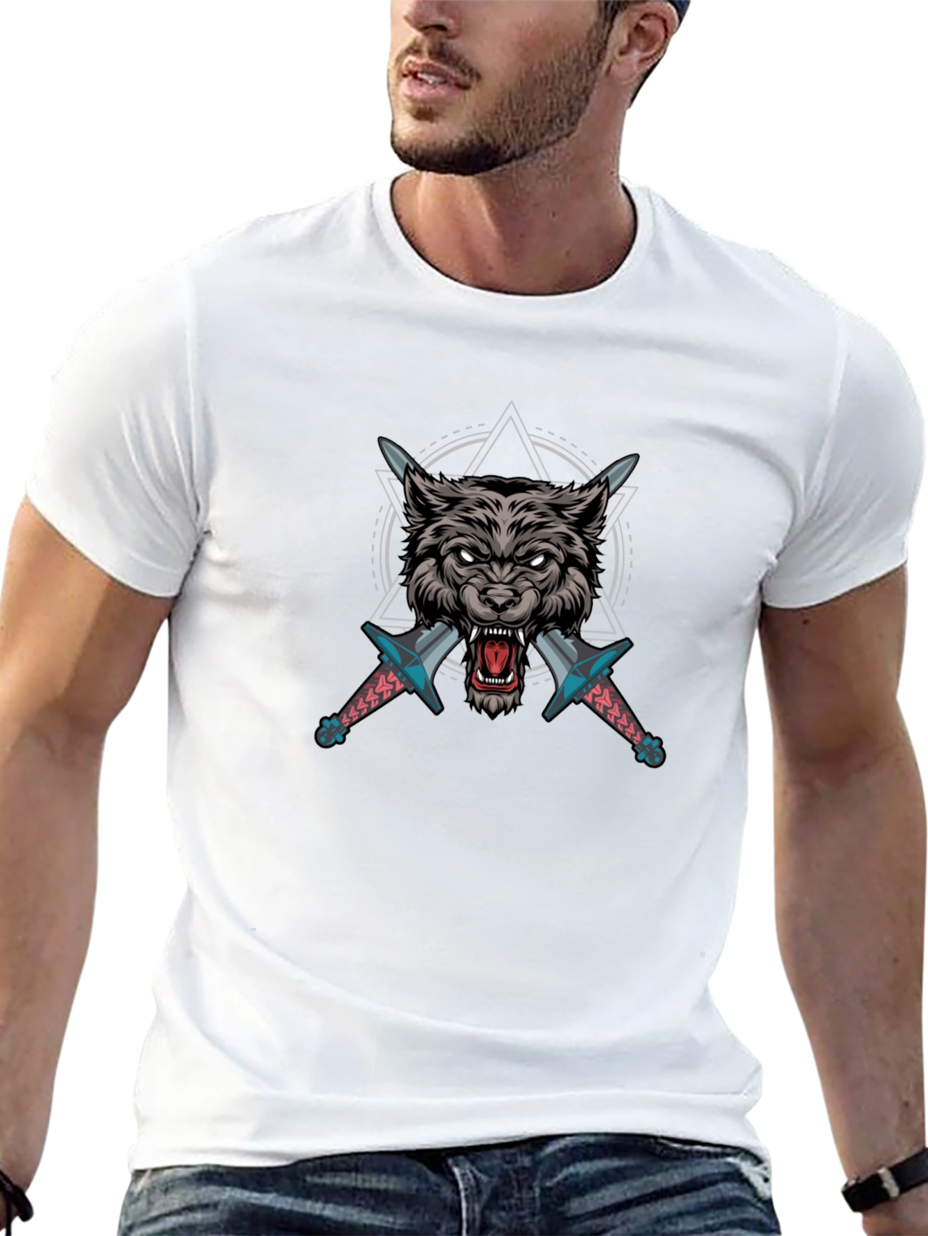 Wolf & Swords Graphic Print Black T-Shirt
