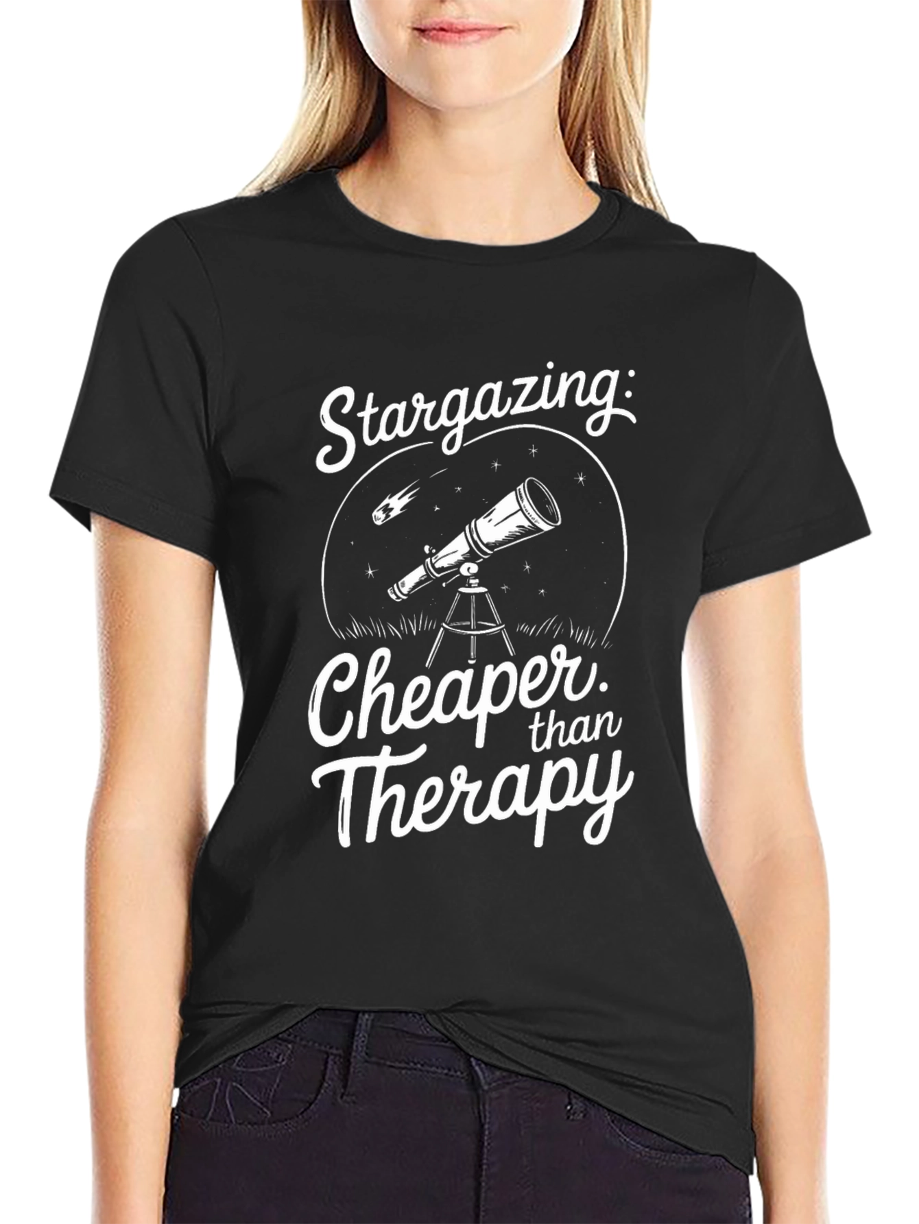 Stargazing Cheaper Than Therapy Black T-Shirt