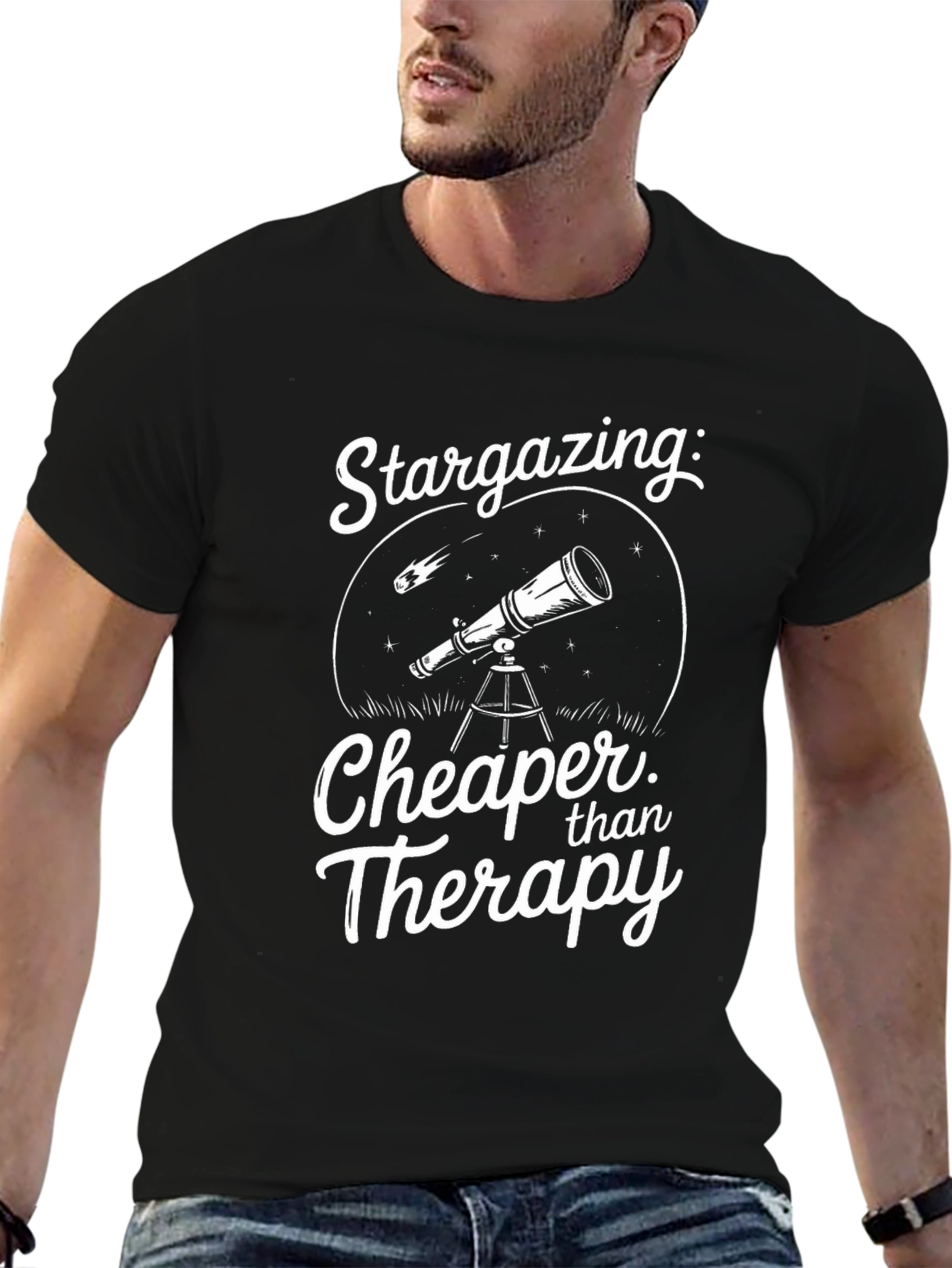 Stargazing Cheaper Than Therapy Black T-Shirt