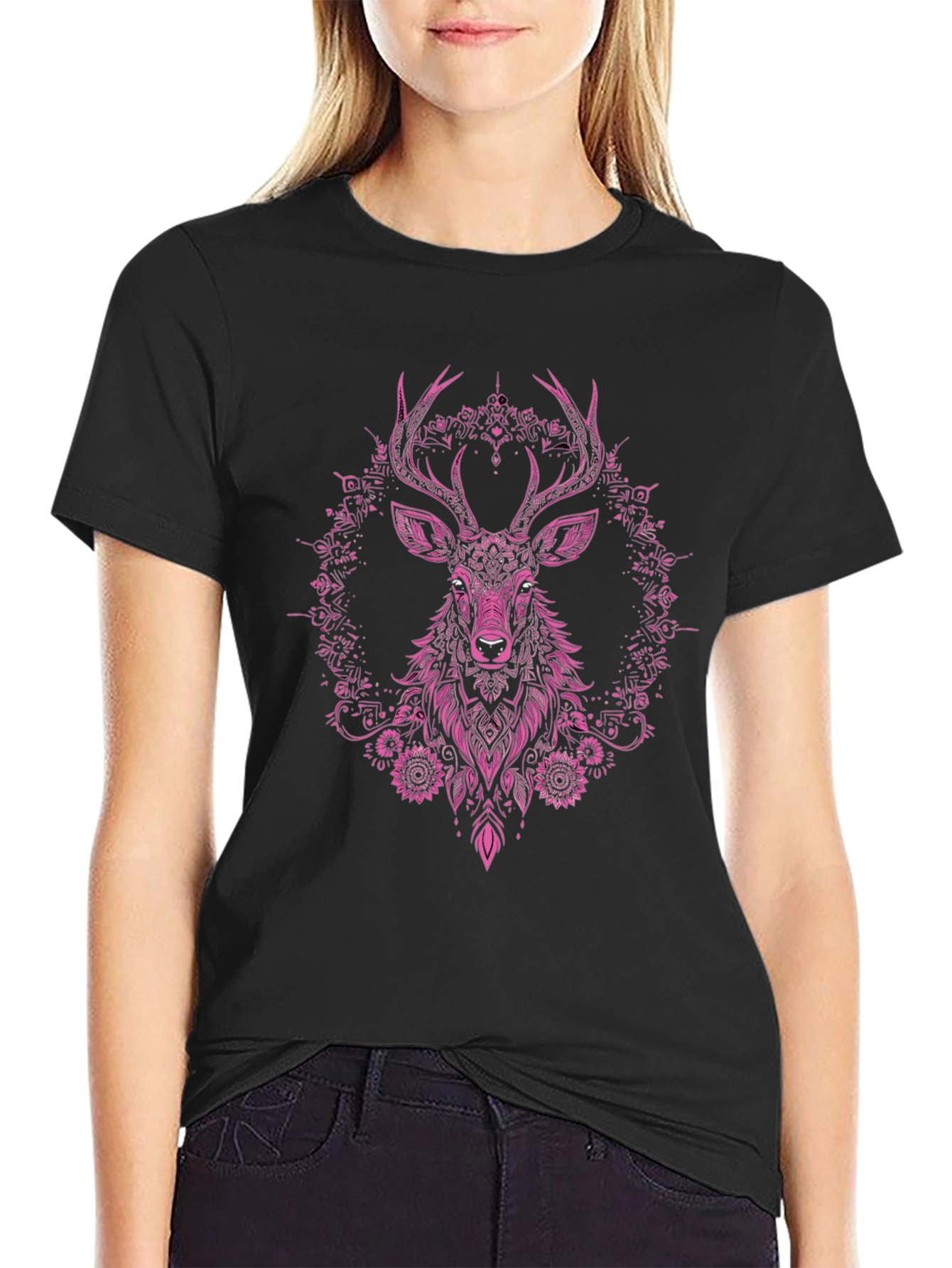 Deer Floral Graphic Tee - Mens Black T-Shirt