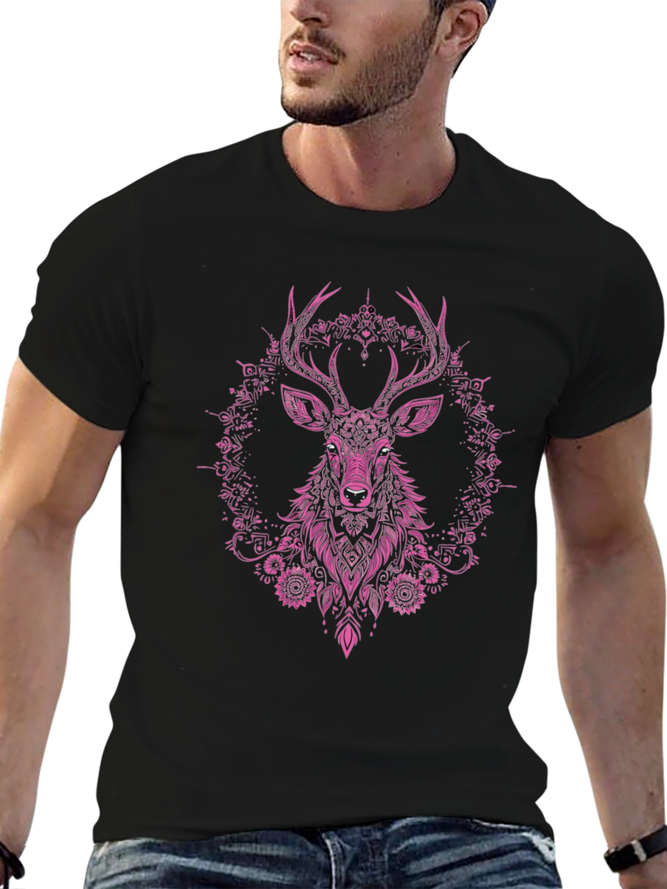 Deer Floral Graphic Tee - Mens Black T-Shirt