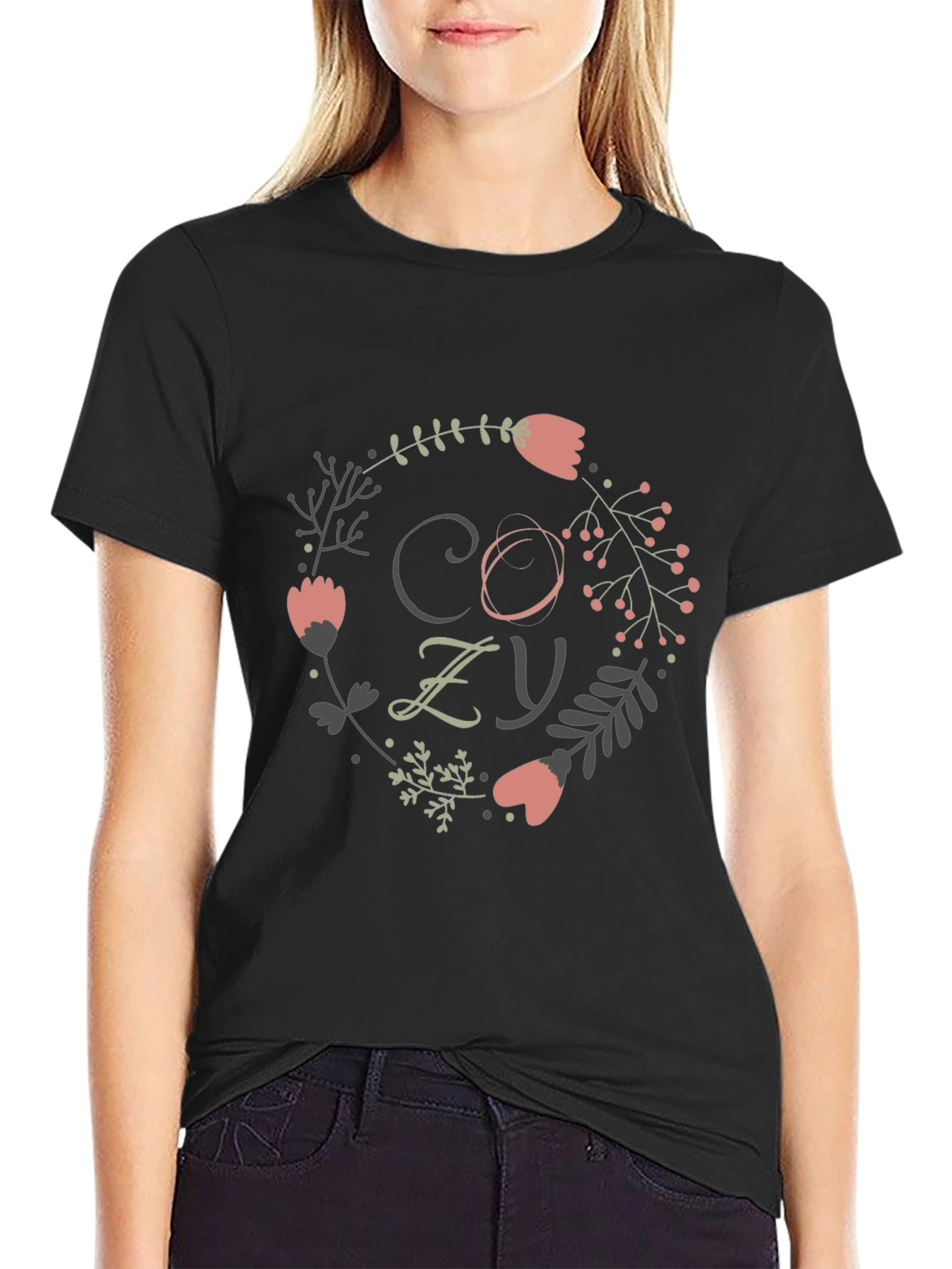 Cozy Floral Wreath Graphic Tee - Black
