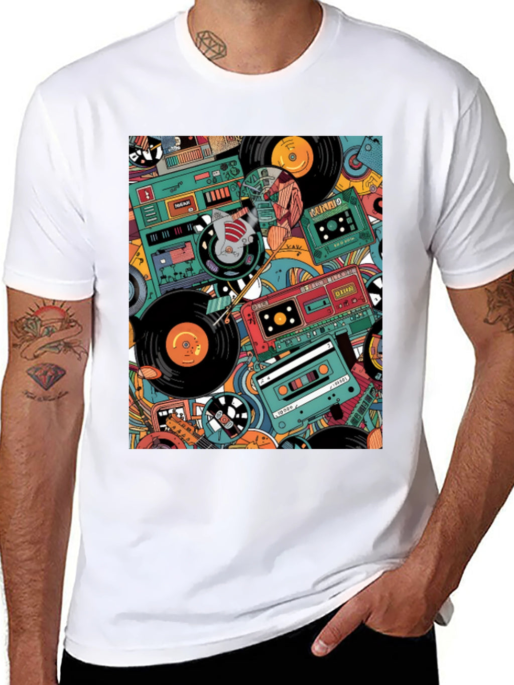 Retro Music Pattern Graphic Tee - Black