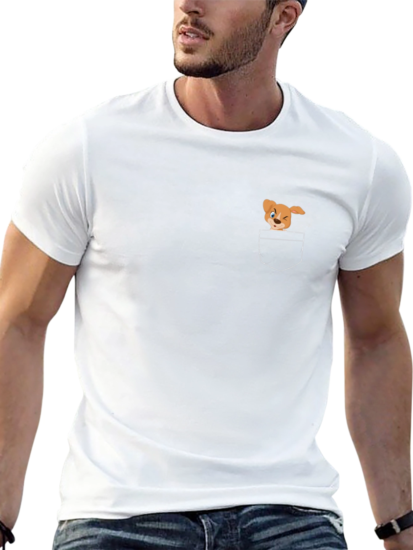 Black T-Shirt with Cute Cartoon Dog Pocket Design