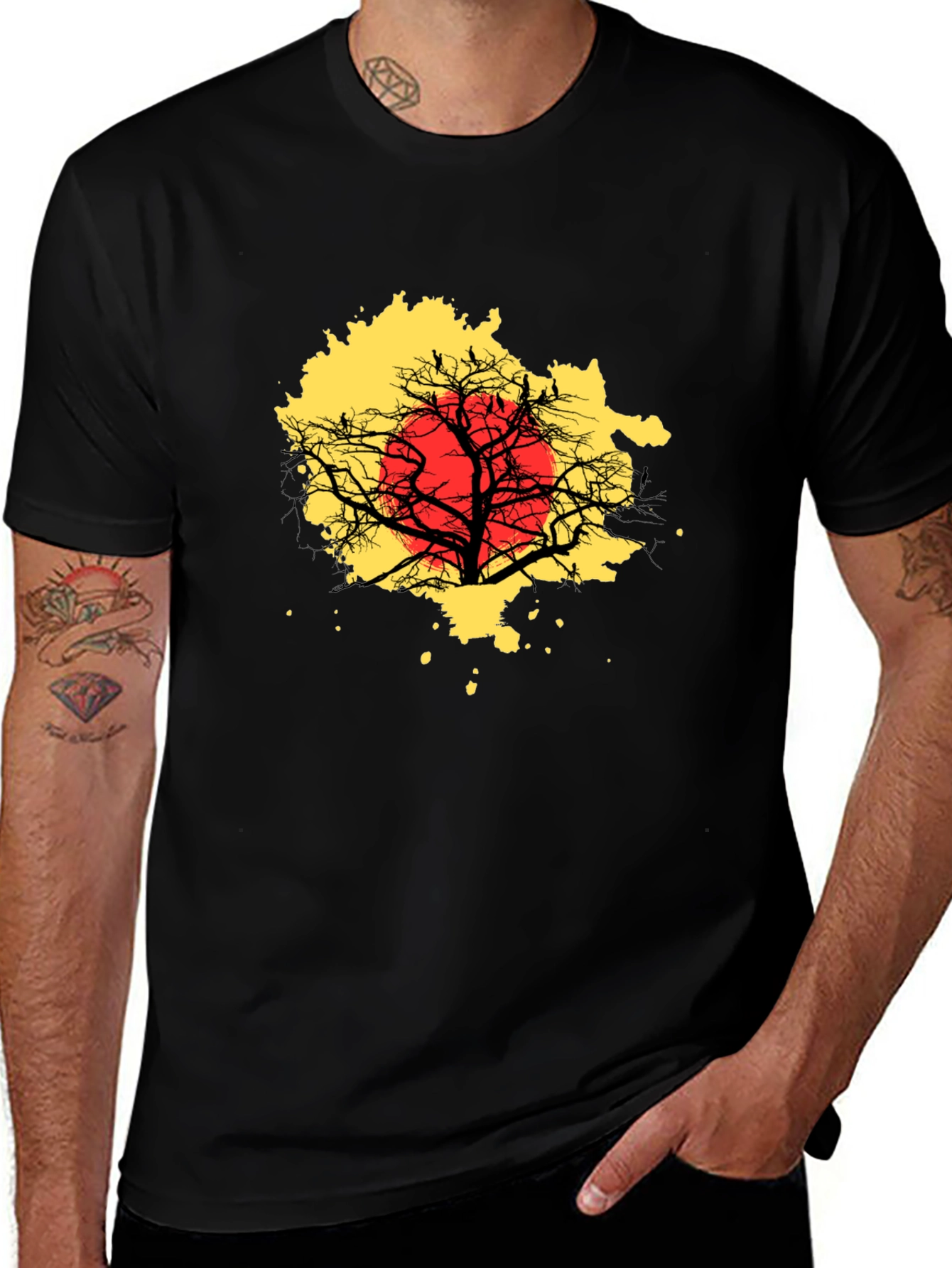 Black T-Shirt - Tree Silhouette & Red Sun Graphic Tee