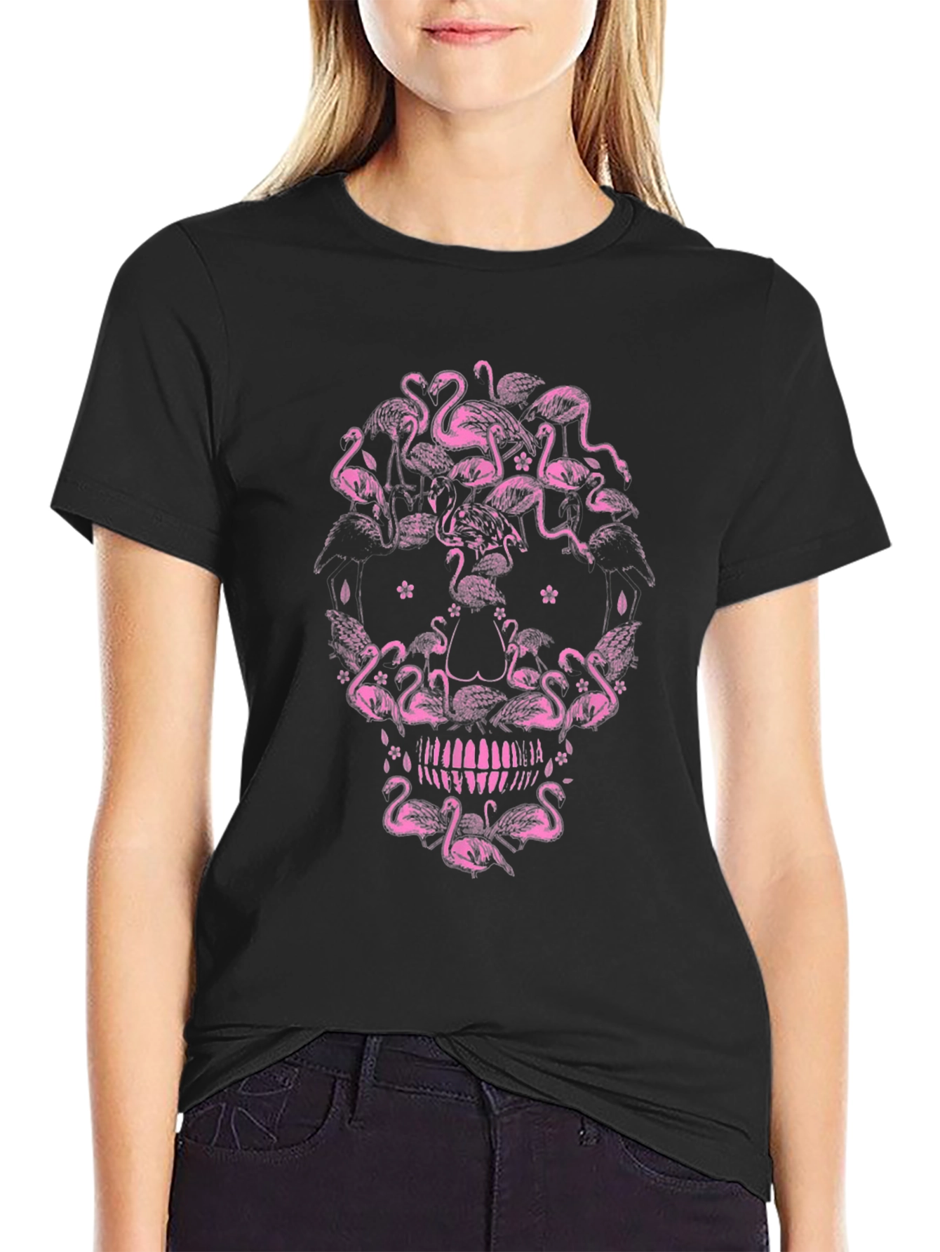 Flamingo Skull Graphic Tee - Black Cotton T-Shirt