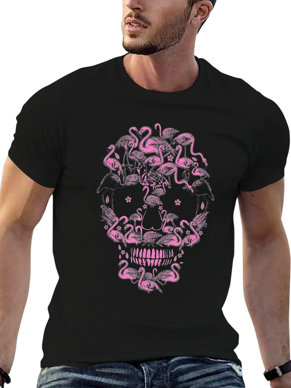 Flamingo Skull Graphic Tee - Black Cotton T-Shirt