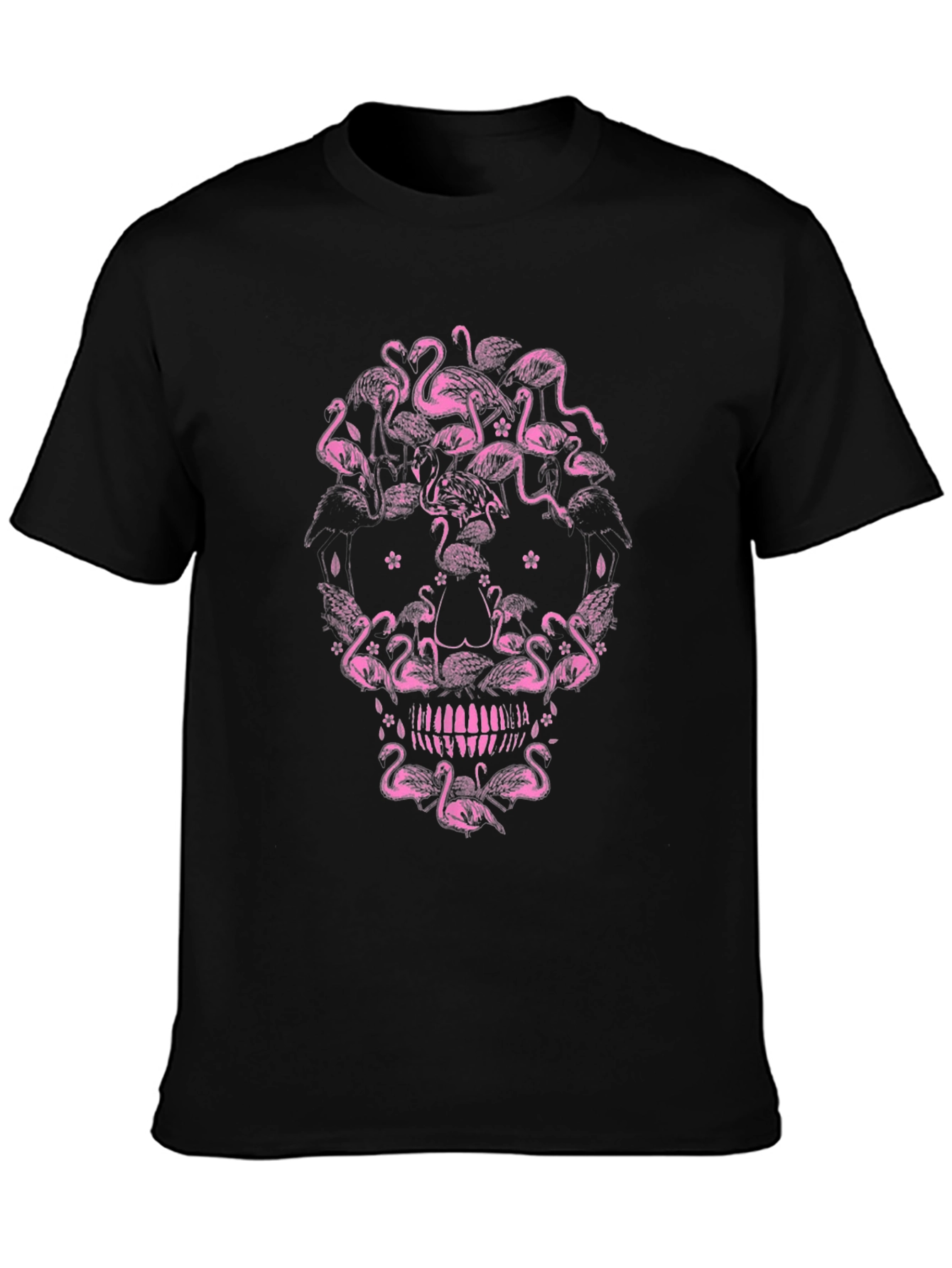 Flamingo Skull Graphic Tee - Black Cotton T-Shirt