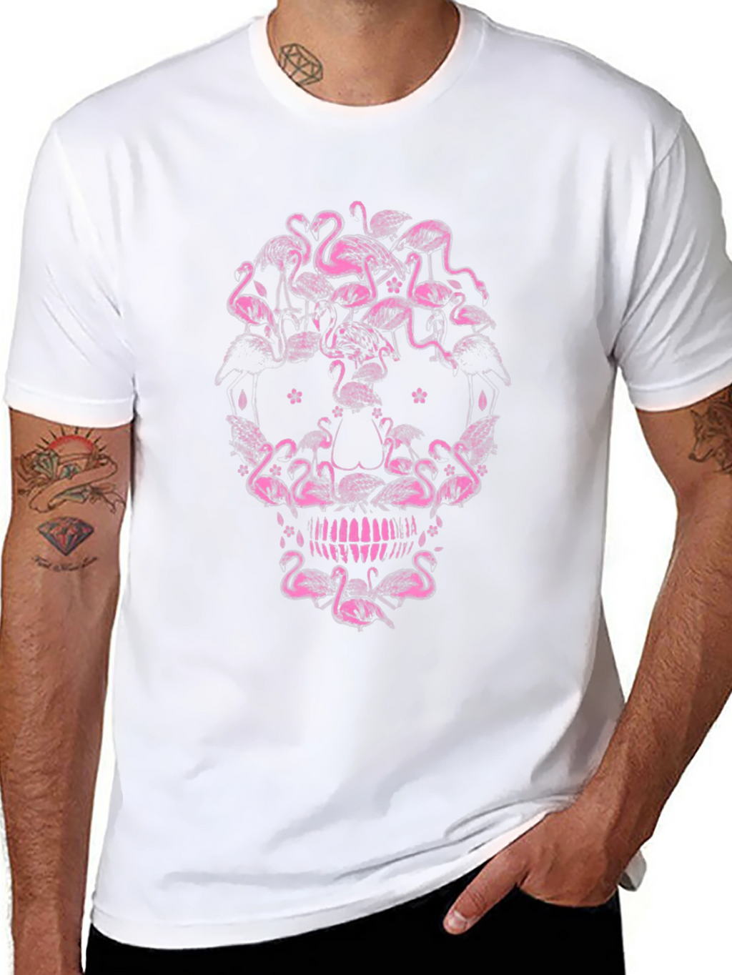 Flamingo Skull Graphic Tee - Black Cotton T-Shirt