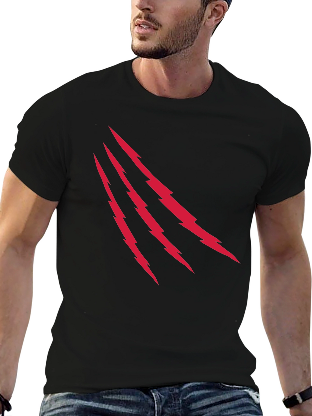 Mens Black T-Shirt with Red Lightning Claw Design