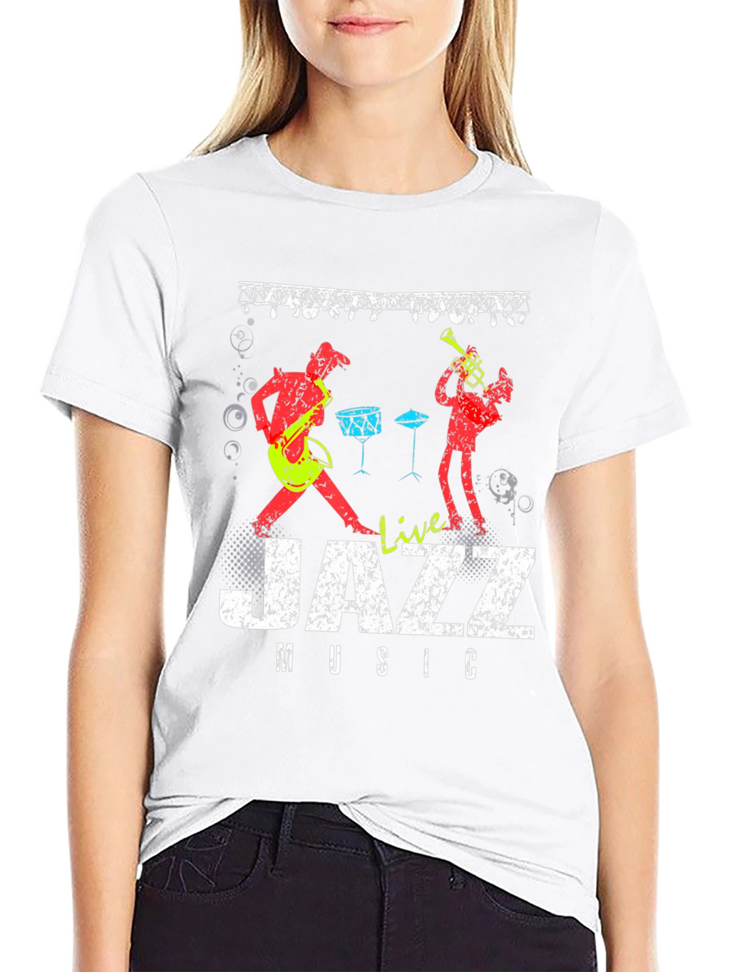 Live Jazz Music Graphic Print Crew Neck T-Shirt