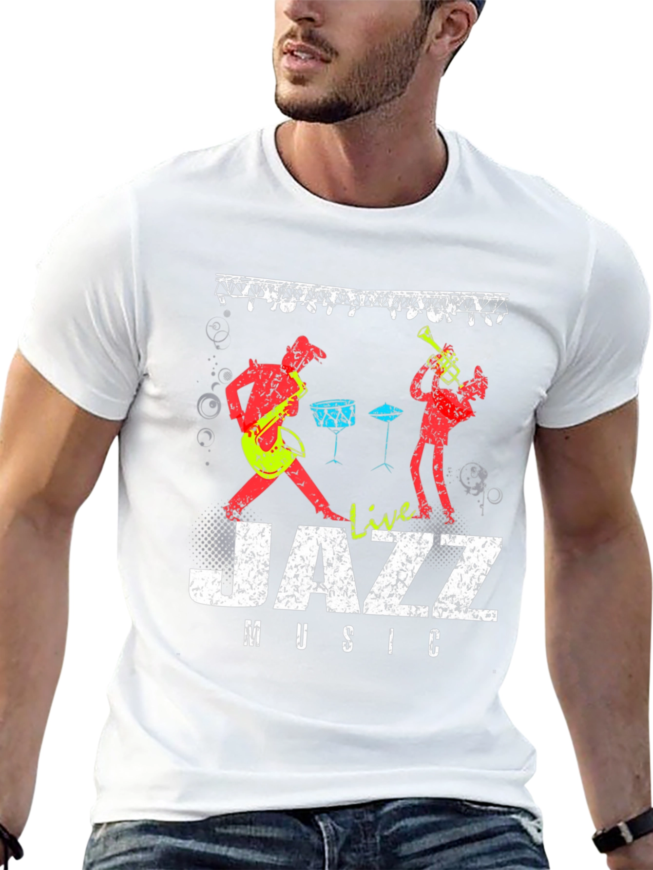 Live Jazz Music Graphic Print Crew Neck T-Shirt