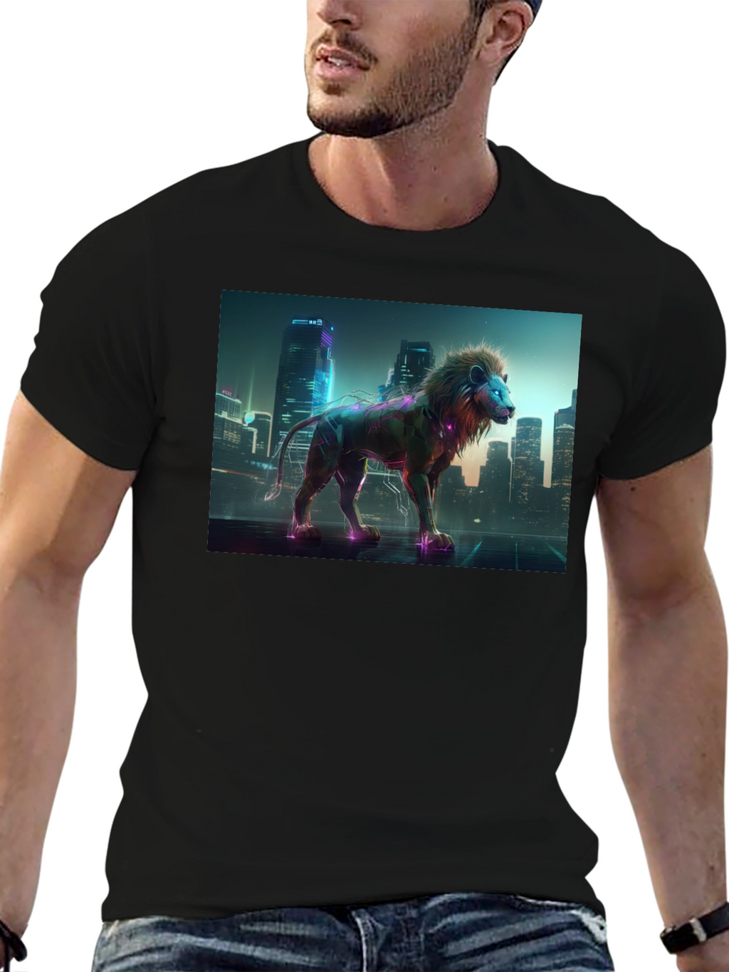 Cyberpunk Lion T-Shirt - Futuristic Animal Design