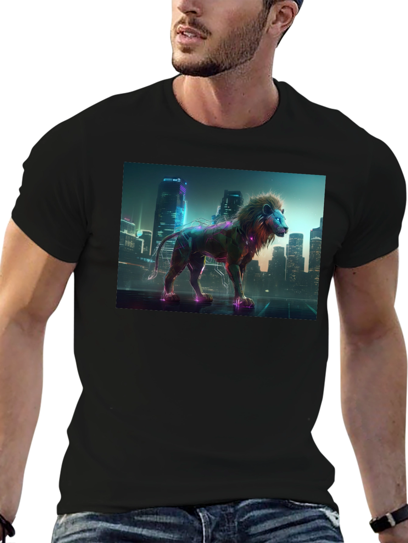Cyberpunk Lion T-Shirt - Futuristic Animal Design