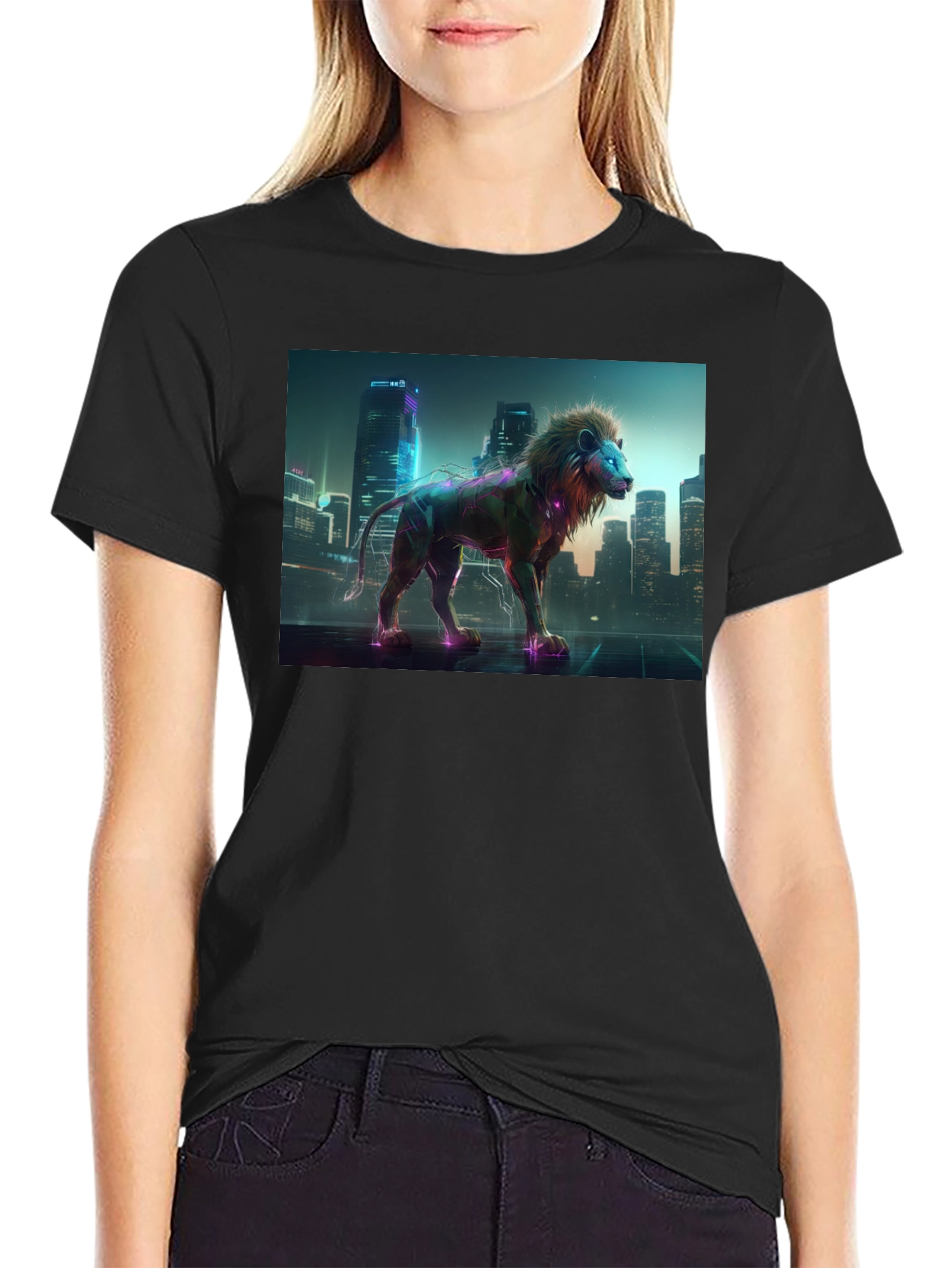 Cyberpunk Lion T-Shirt - Futuristic Animal Design
