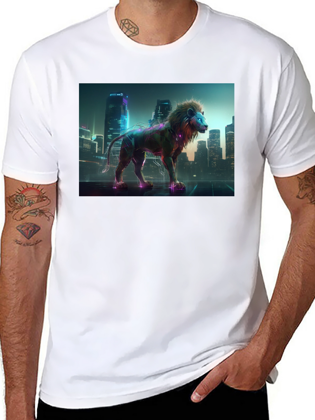 Cyberpunk Lion T-Shirt - Futuristic Animal Design