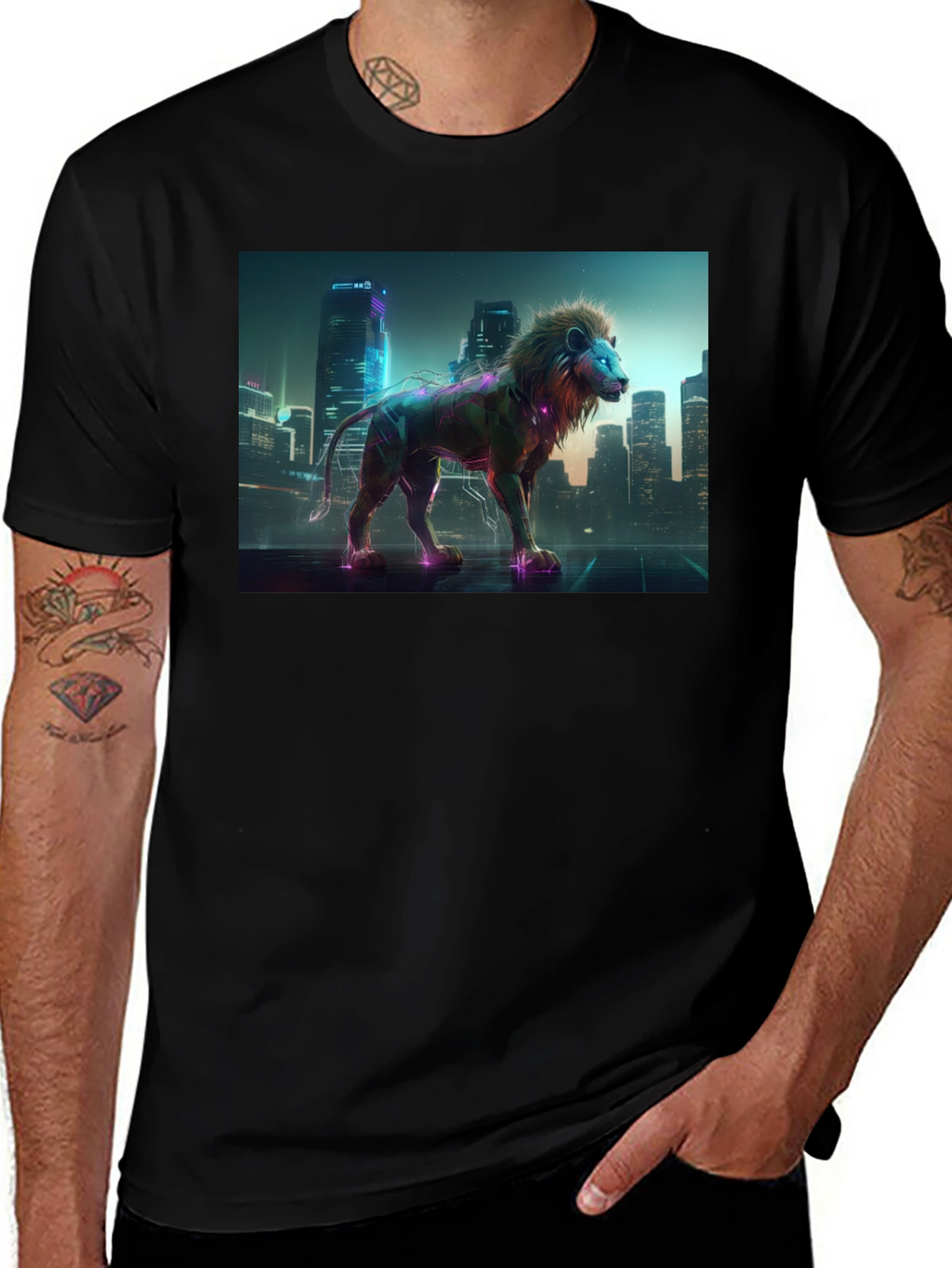Cyberpunk Lion T-Shirt - Futuristic Animal Design