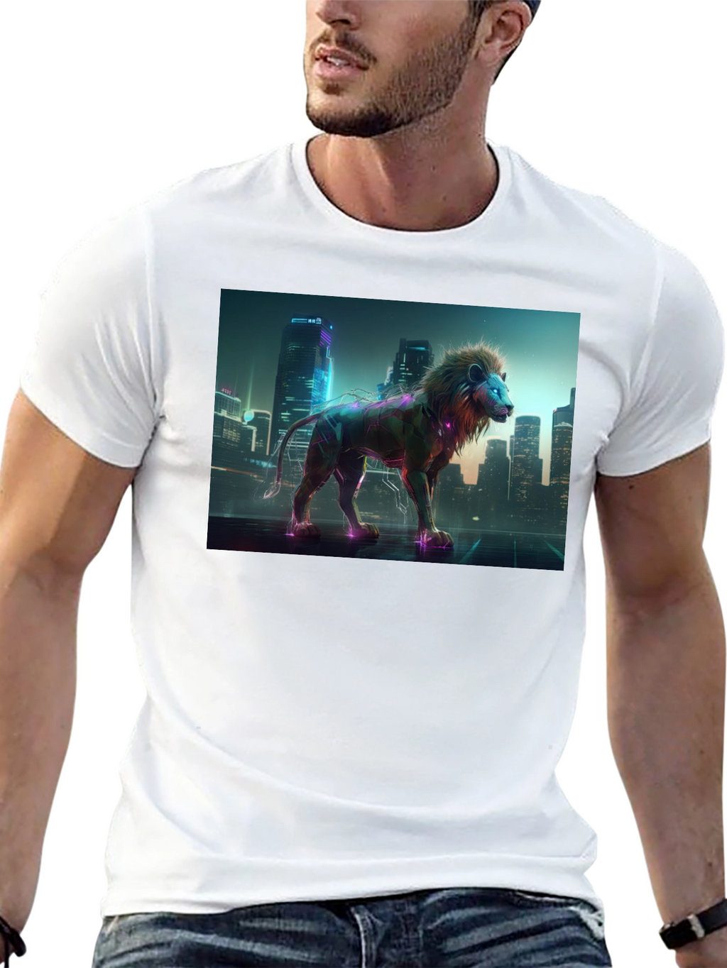 Cyberpunk Lion T-Shirt - Futuristic Animal Design