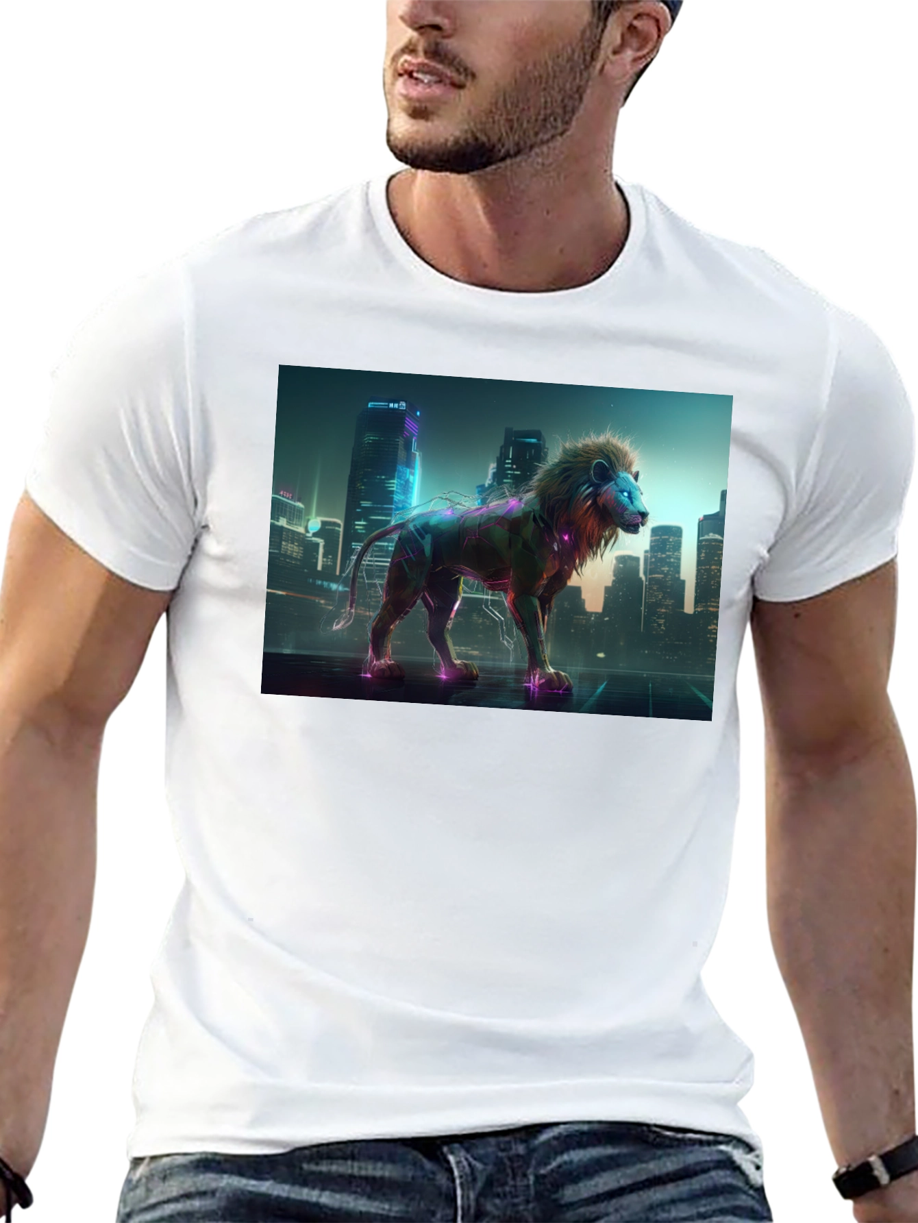 Cyberpunk Lion T-Shirt - Futuristic Animal Design