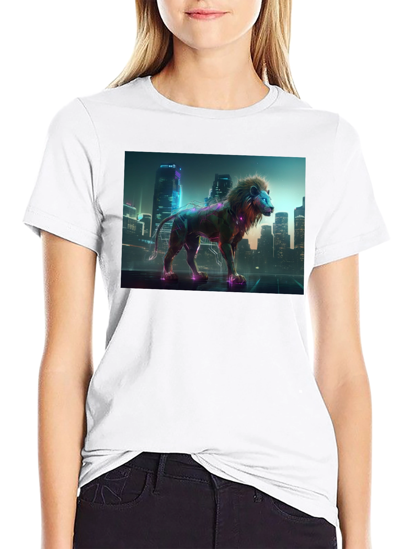 Cyberpunk Lion T-Shirt - Futuristic Animal Design