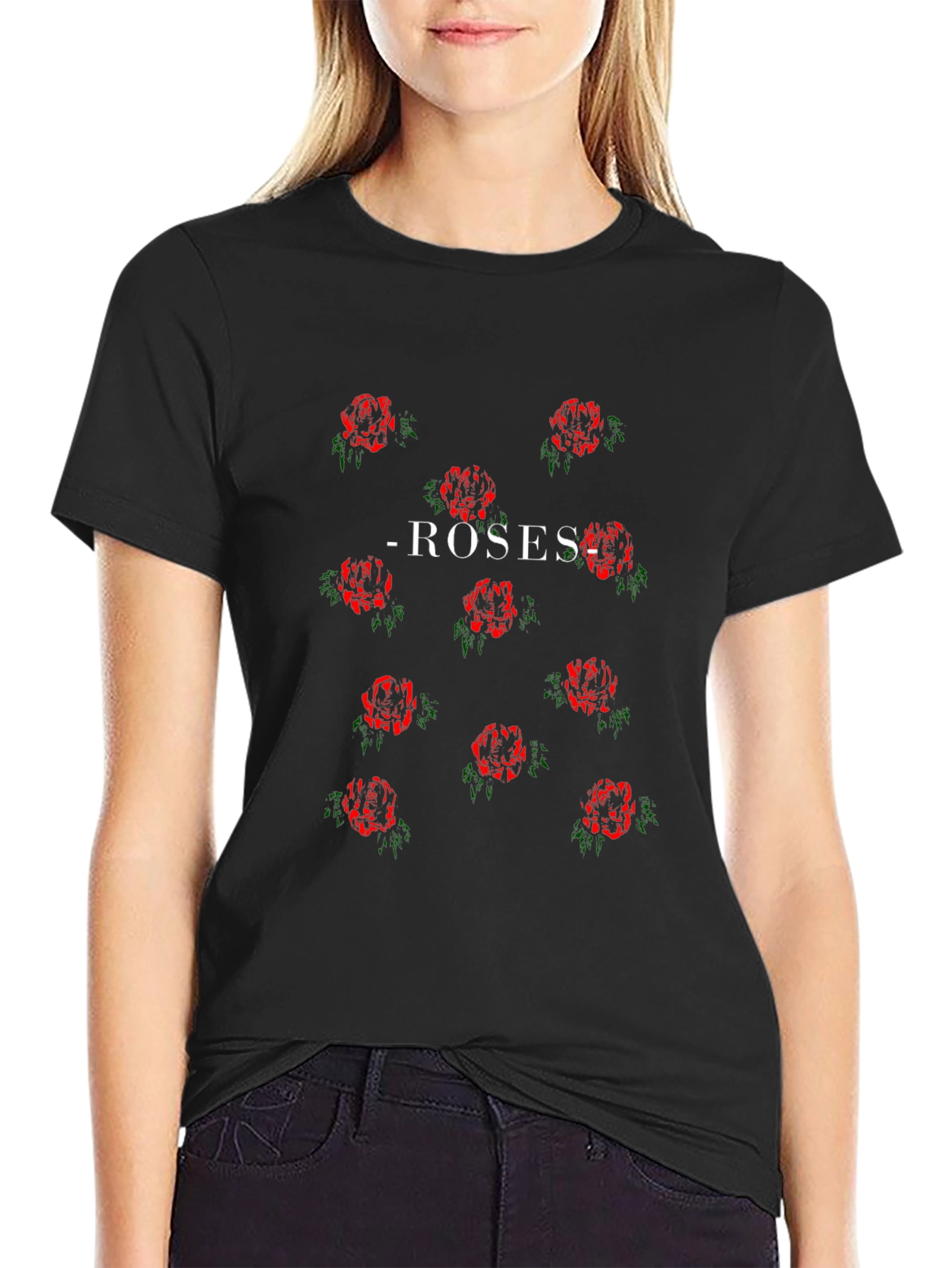 Roses Patterned Black T-Shirt
