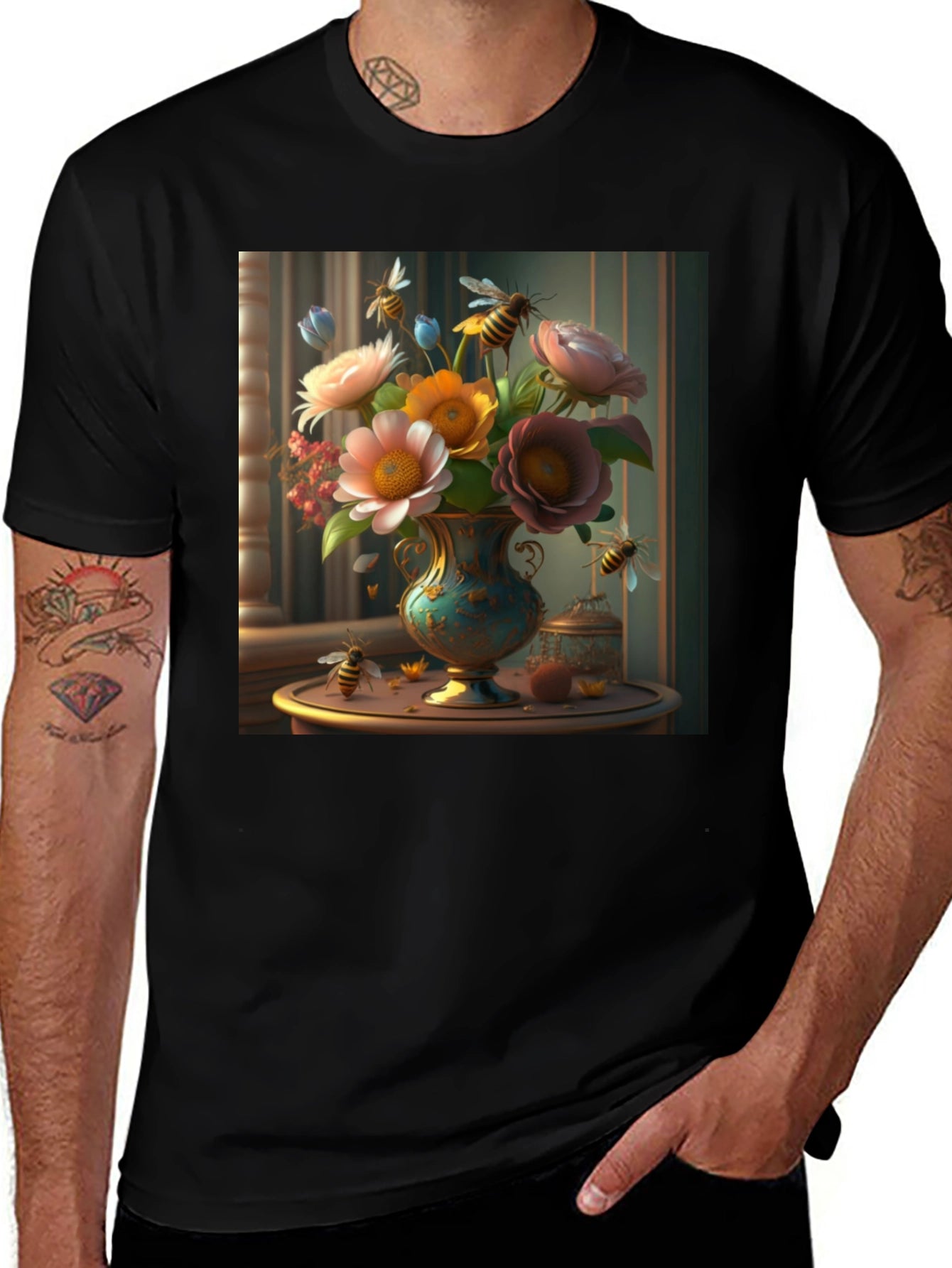 Floral Bees T-Shirt: Classic Black Tee