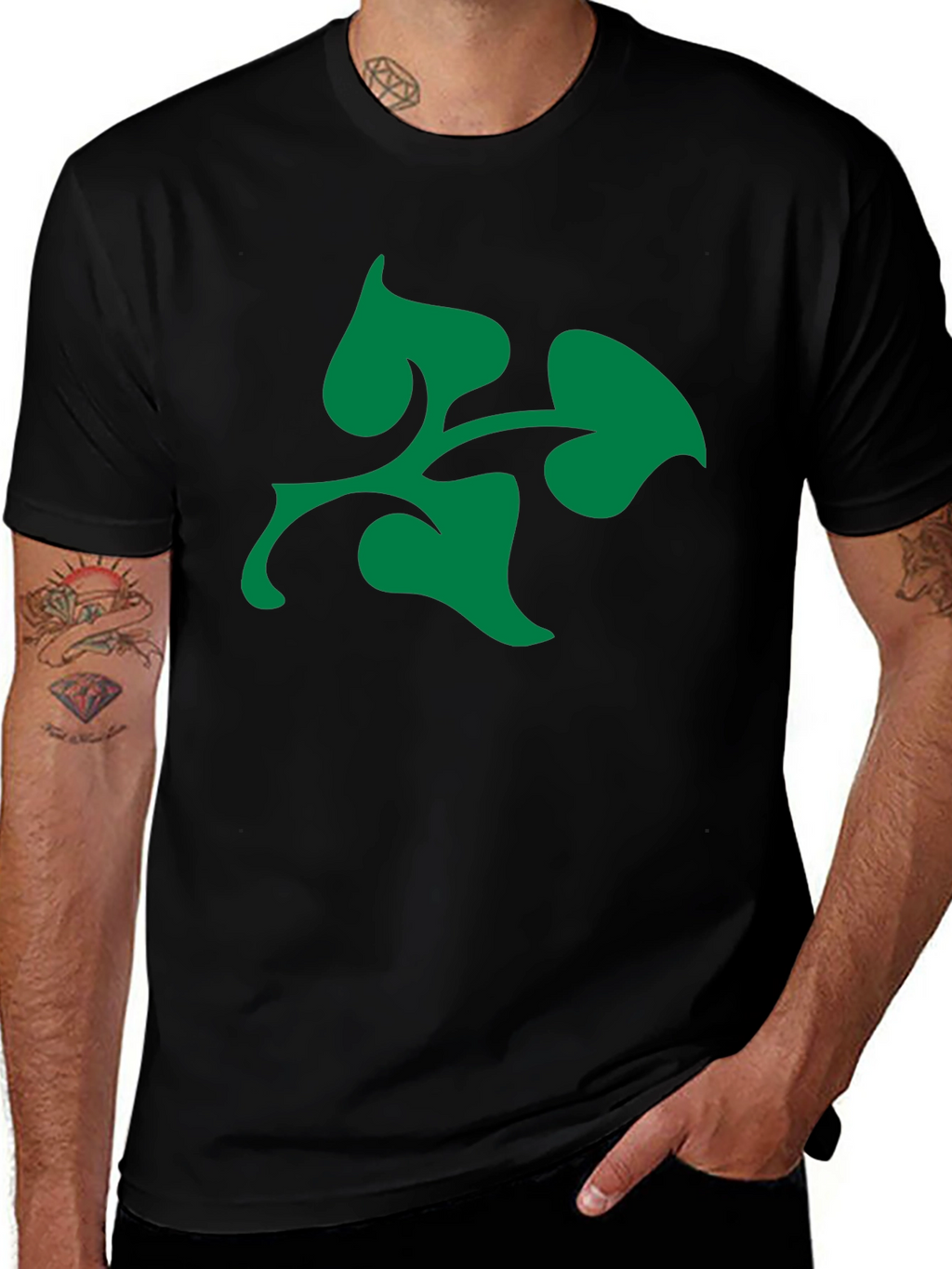 Green Leaf Design Black T-Shirt