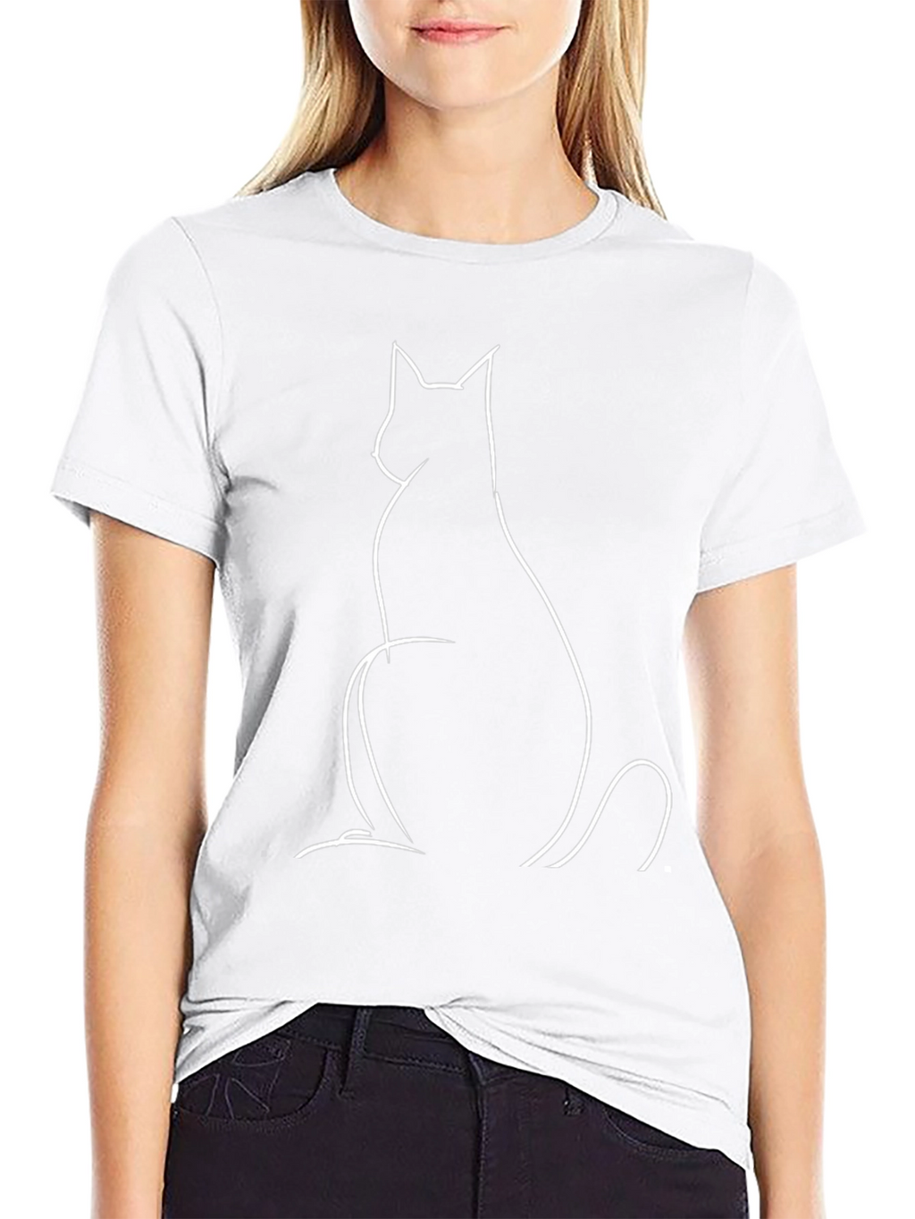 Minimalist Cat Outline Graphic Tee - Black