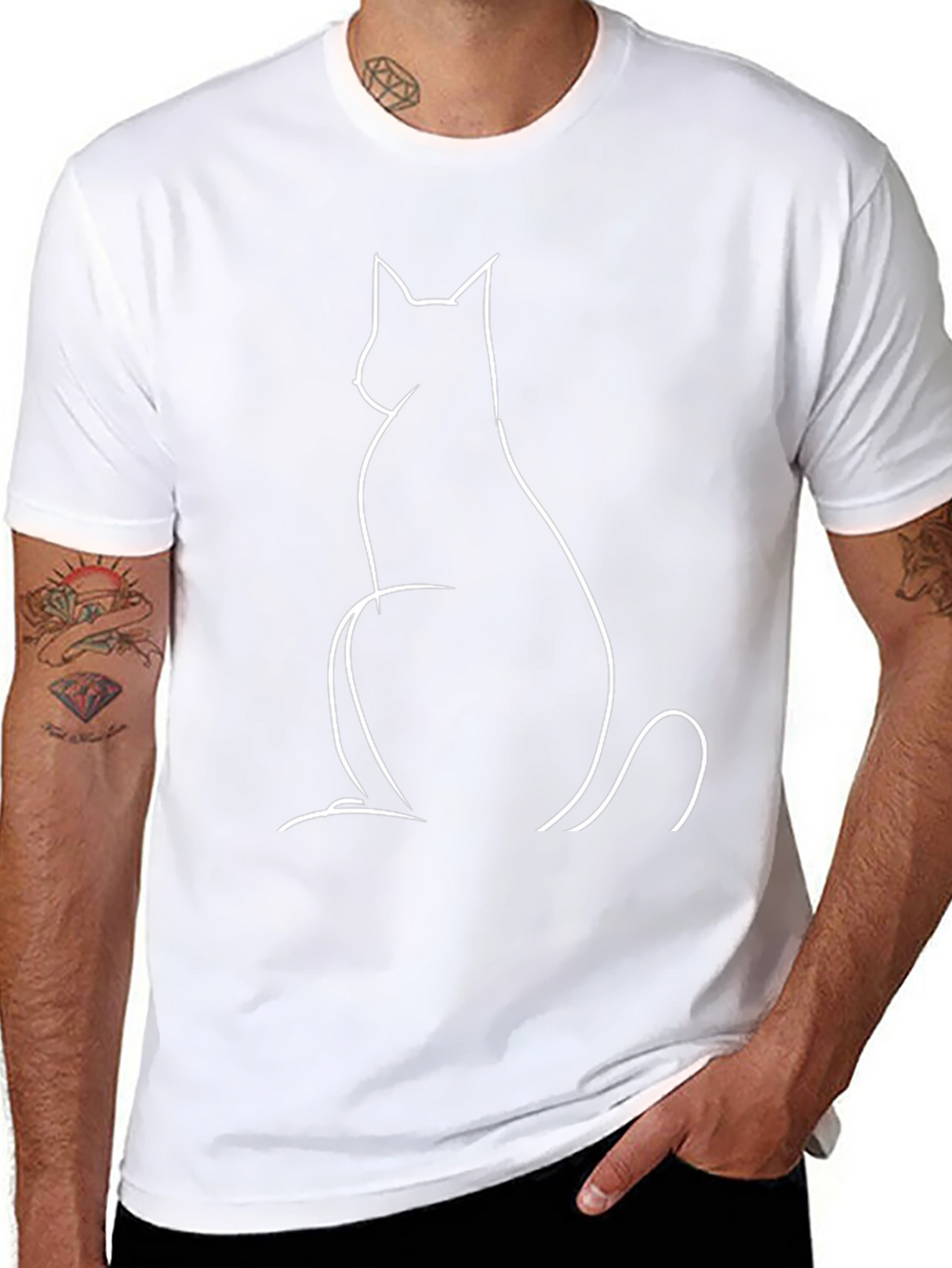 Minimalist Cat Outline Graphic Tee - Black