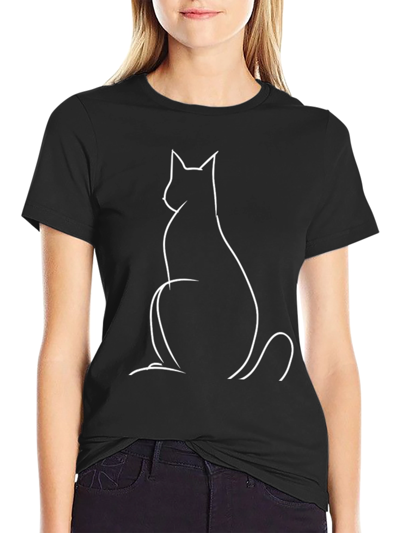 Minimalist Cat Outline Graphic Tee - Black