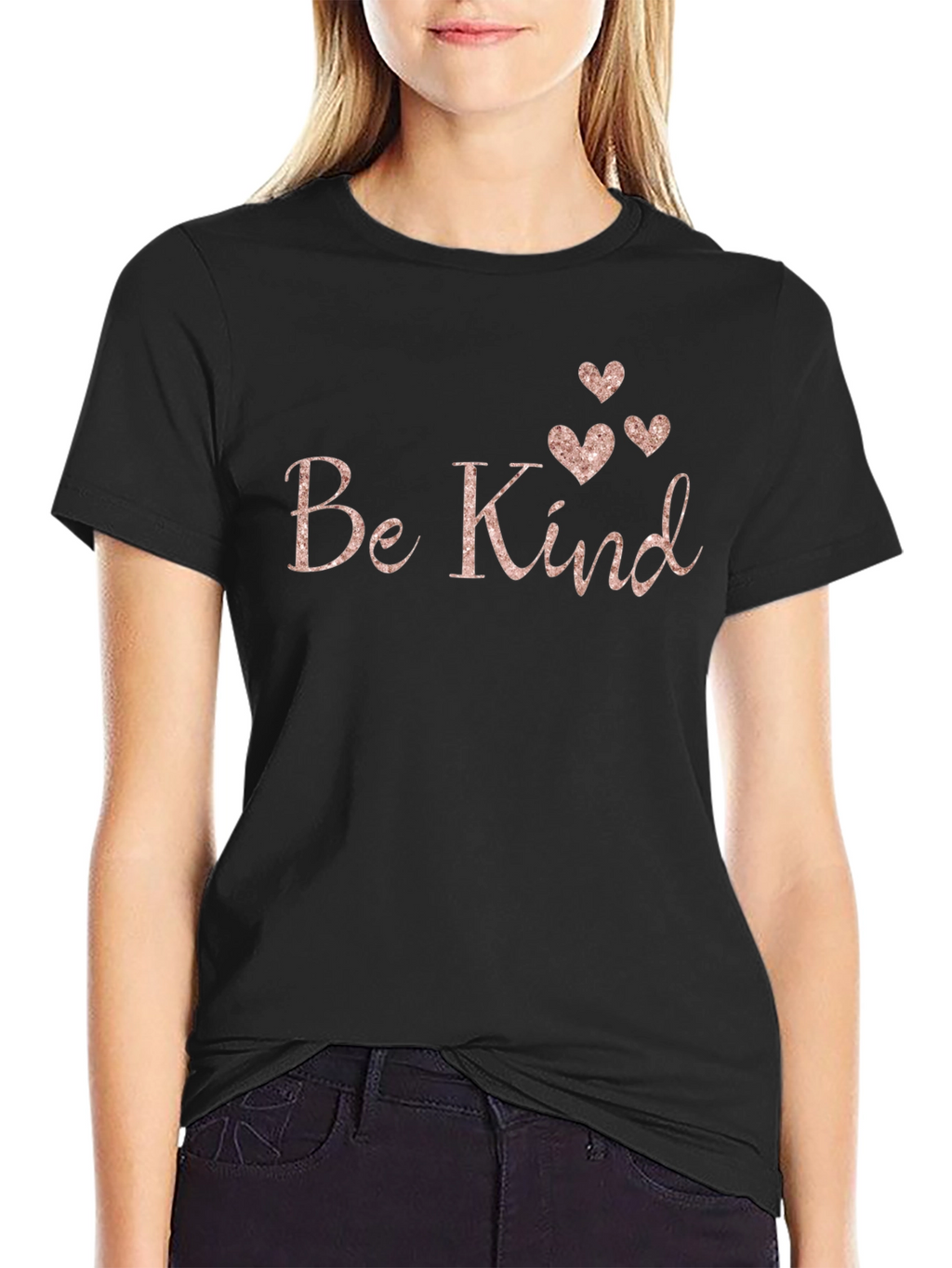 Be Kind Black T-Shirt with Rose Gold Hearts