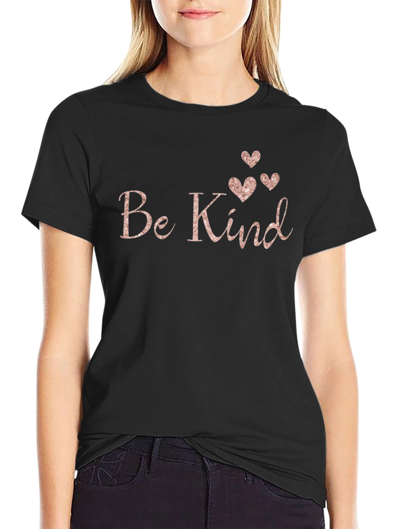 Be Kind Black T-Shirt with Rose Gold Hearts