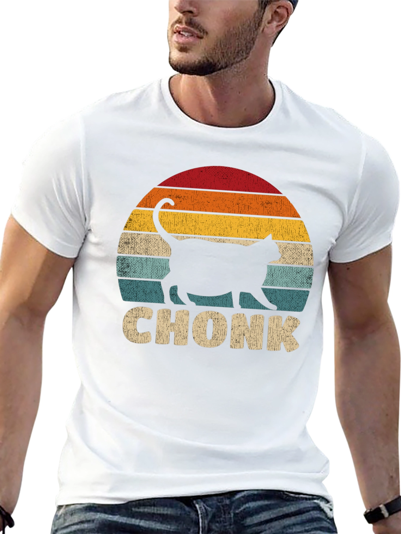 Chonk Cat Retro Sunset T-Shirt - Funny Pet Lover Tee