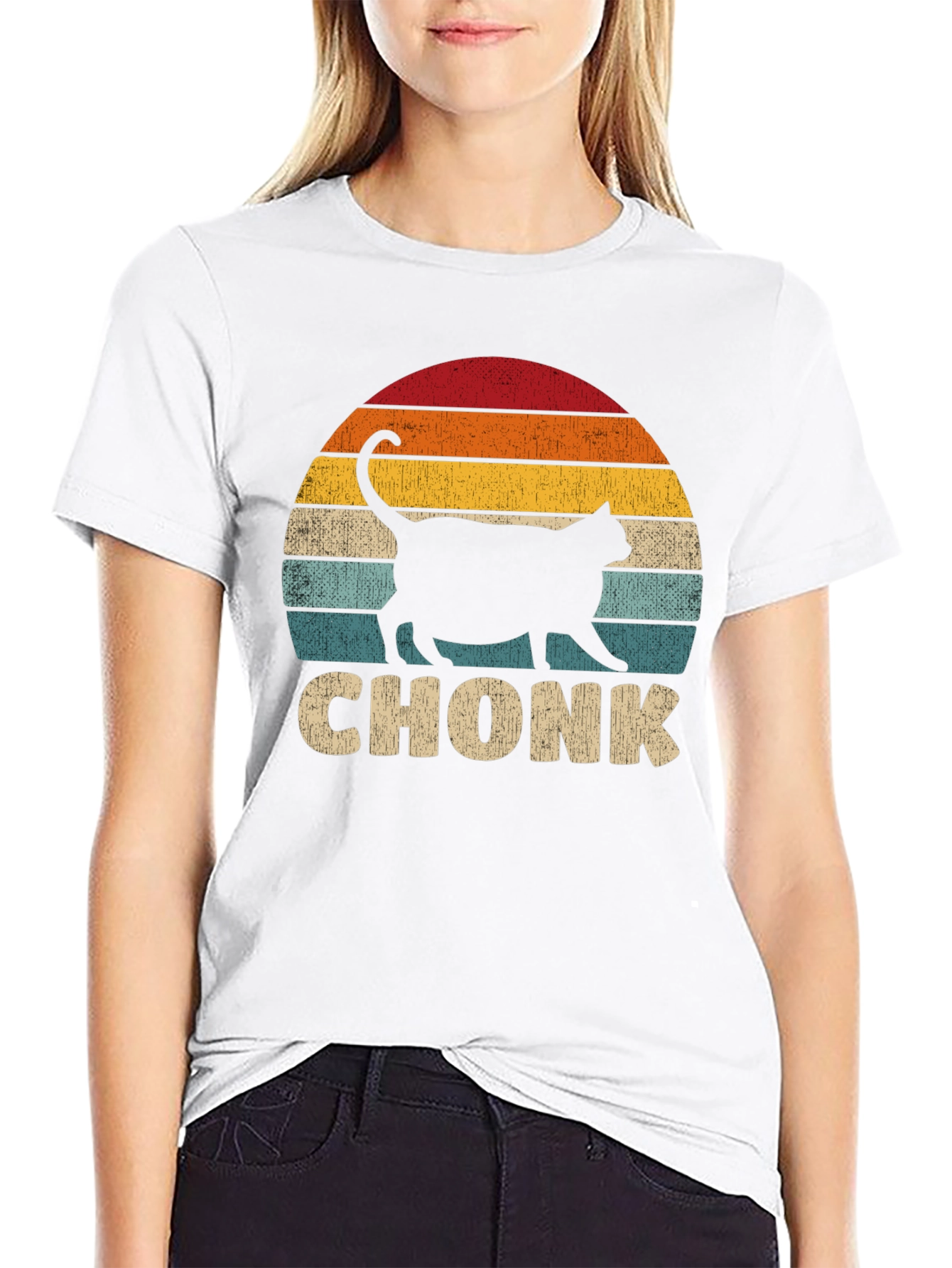 Chonk Cat Retro Sunset T-Shirt - Funny Pet Lover Tee