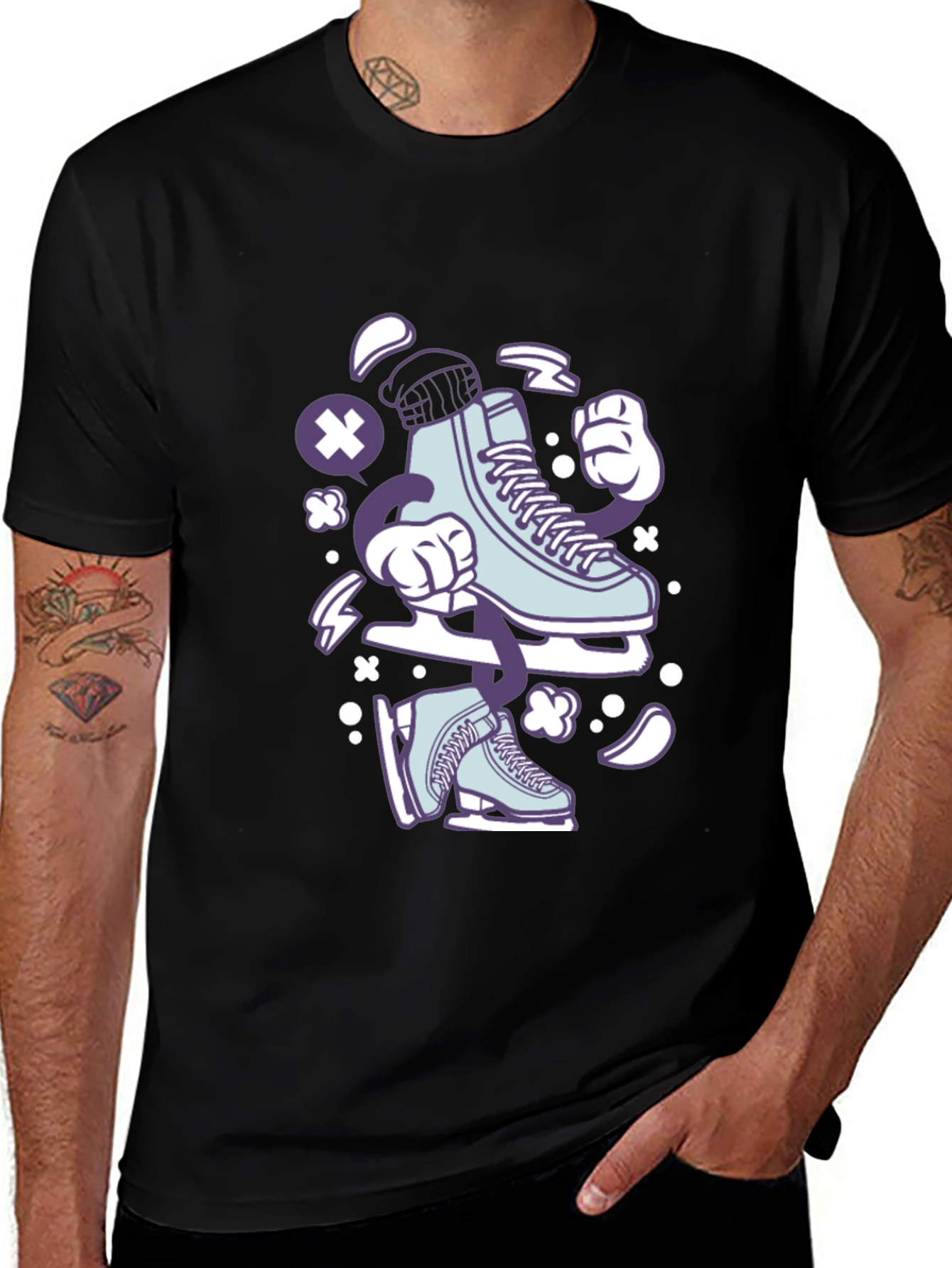 Ice Skate Cartoon Black T-Shirt