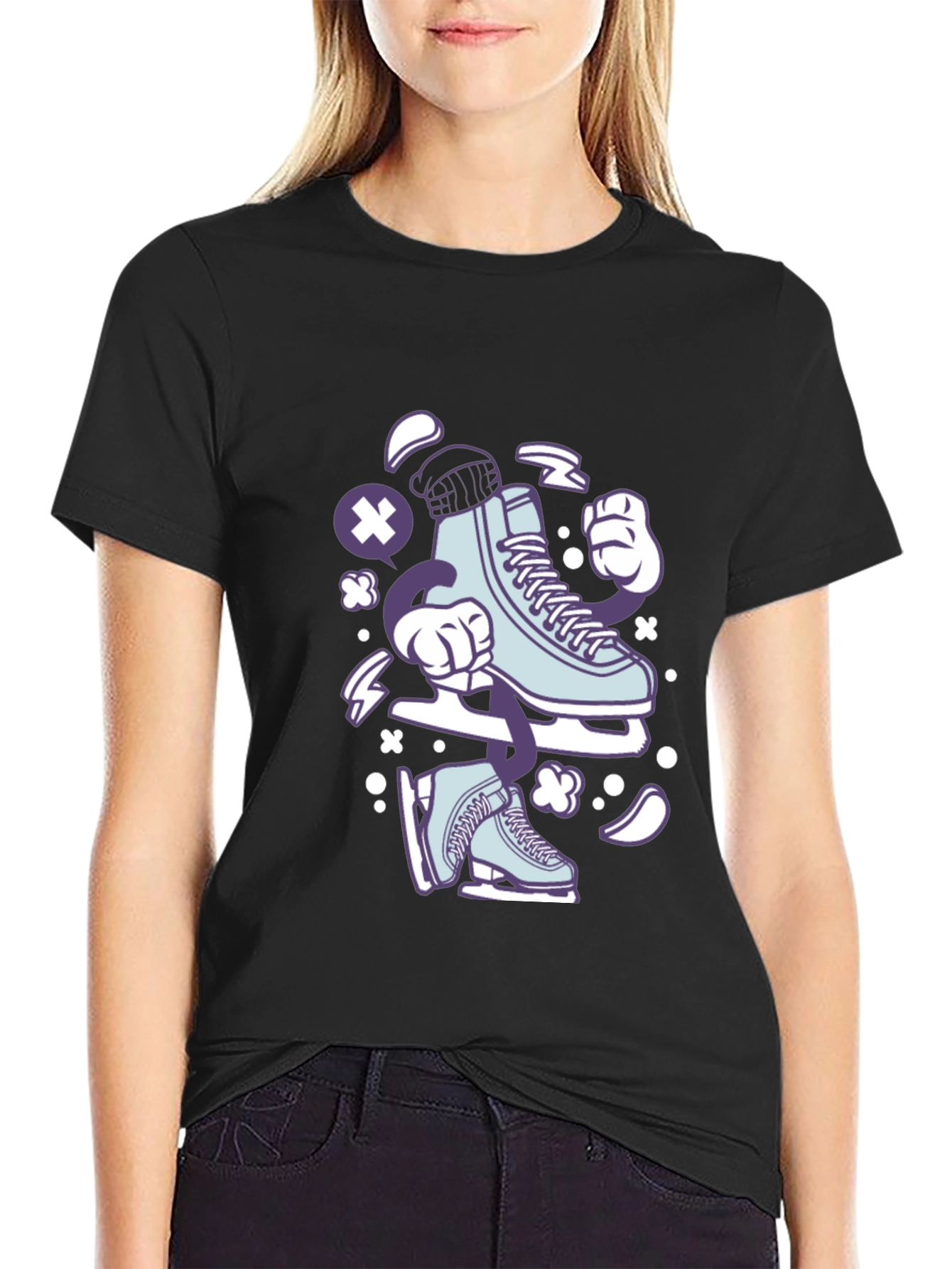 Ice Skate Cartoon Black T-Shirt