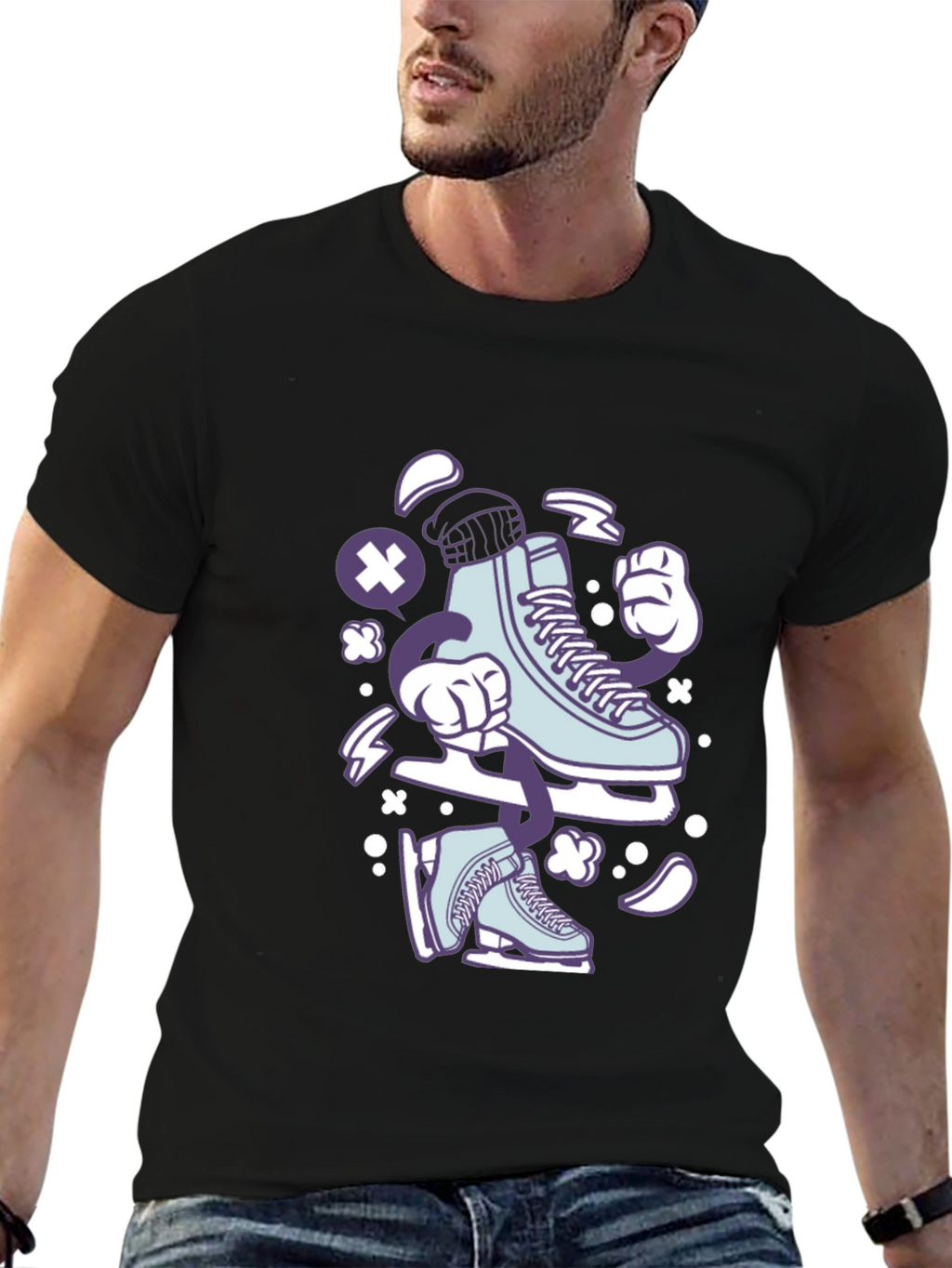 Ice Skate Cartoon Black T-Shirt
