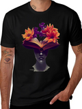 Book & Floral Print Black T-Shirt
