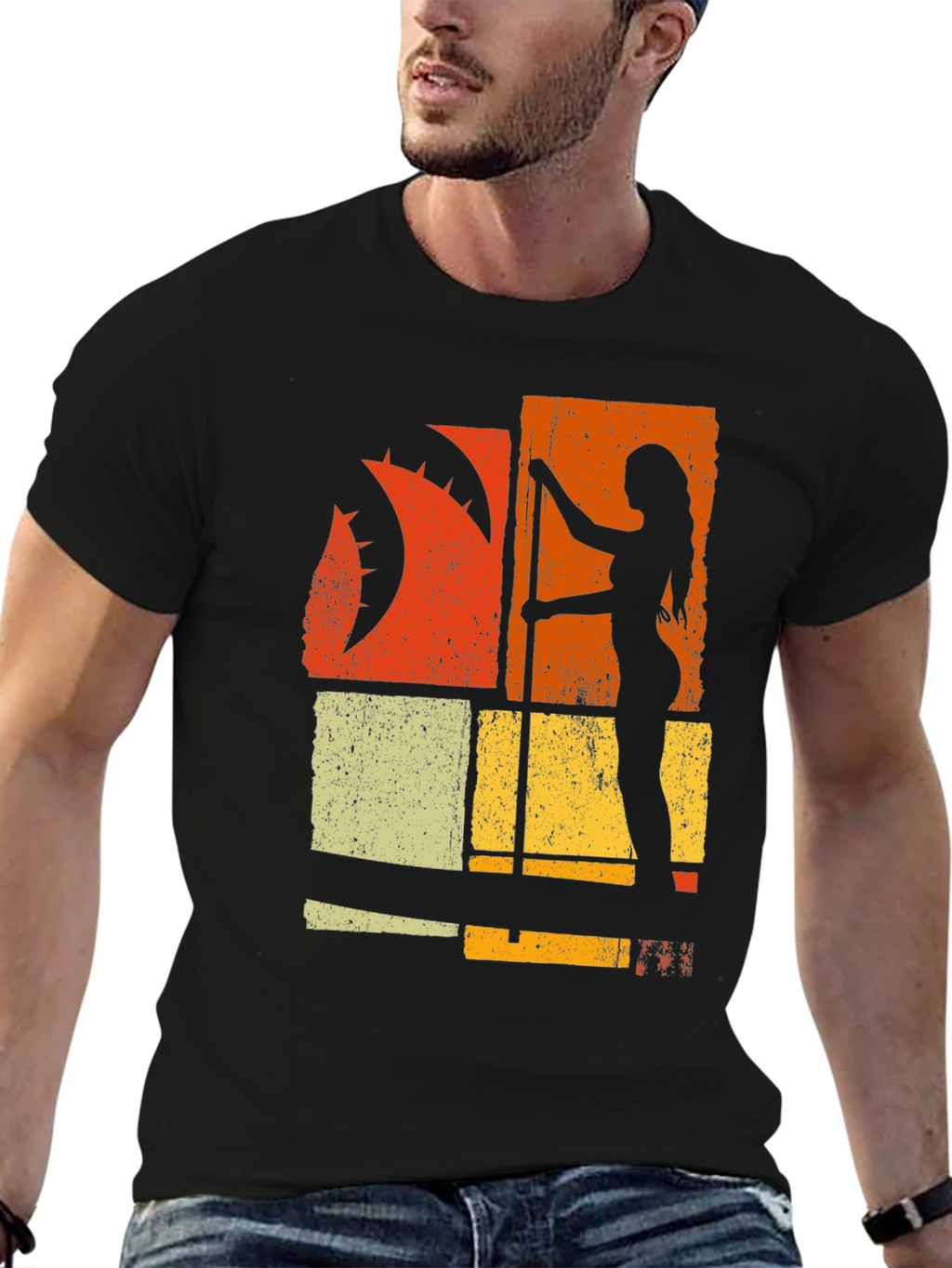 Retro Pole Dancer Graphic Tee - Black Cotton T-Shirt