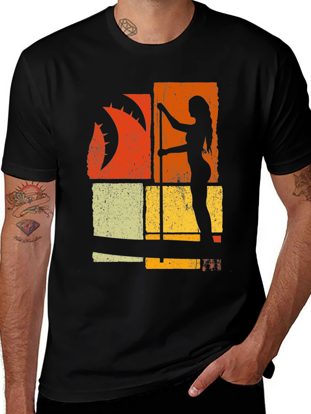 Retro Pole Dancer Graphic Tee - Black Cotton T-Shirt