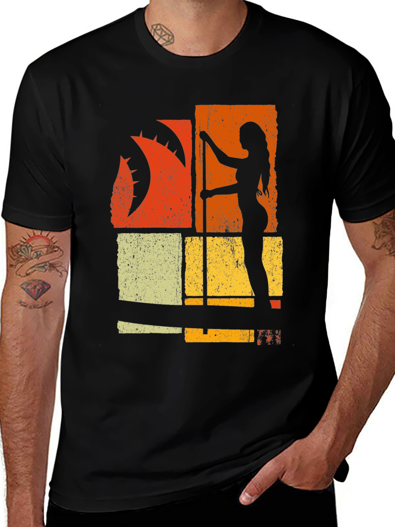 Retro Pole Dancer Graphic Tee - Black Cotton T-Shirt