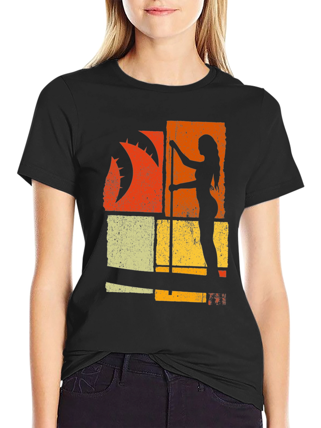 Retro Pole Dancer Graphic Tee - Black Cotton T-Shirt