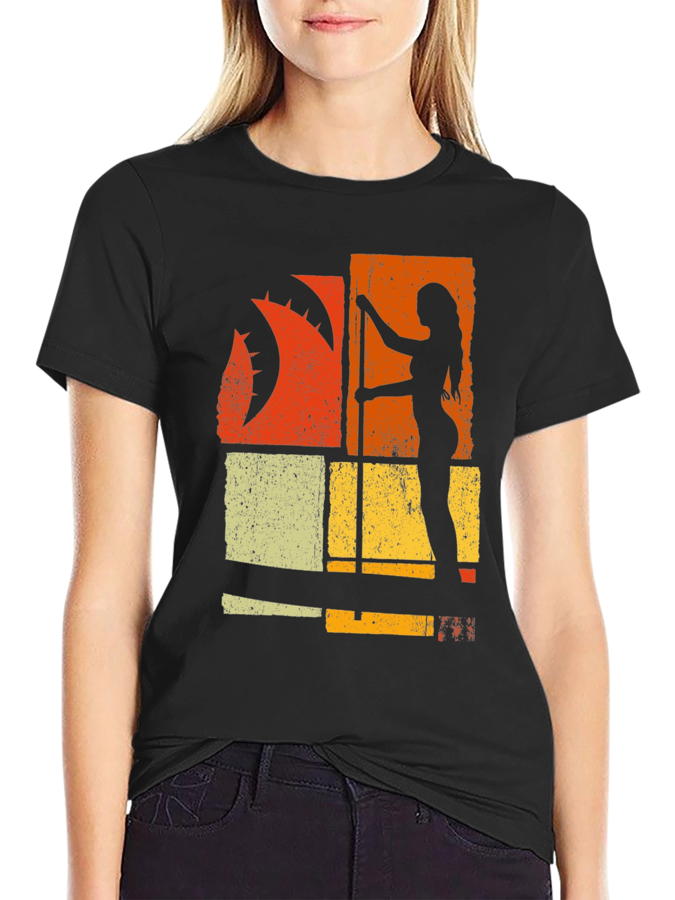Retro Pole Dancer Graphic Tee - Black Cotton T-Shirt