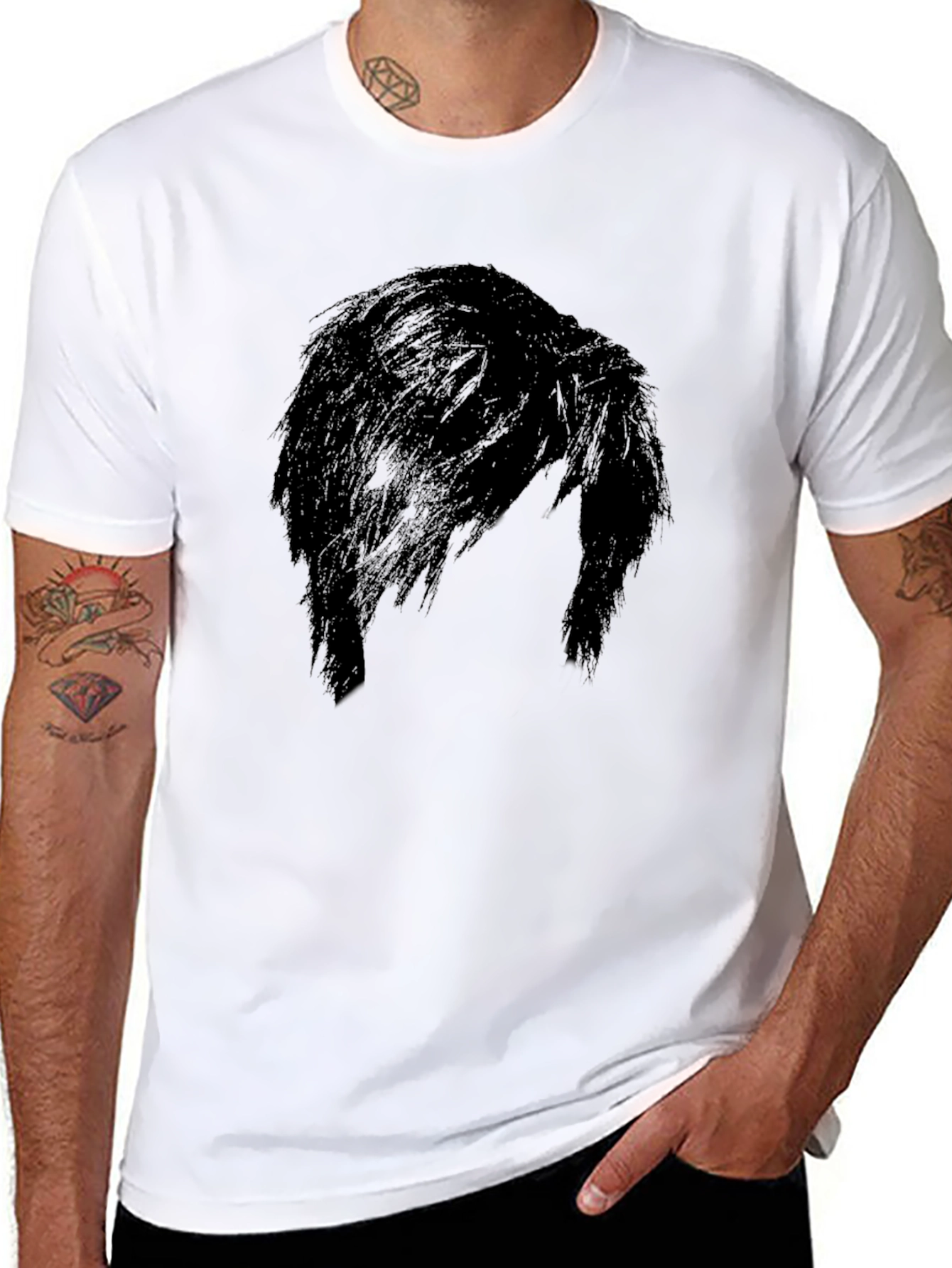 Mens Black Graphic Tee - Mysterious Hair Silhouette Design