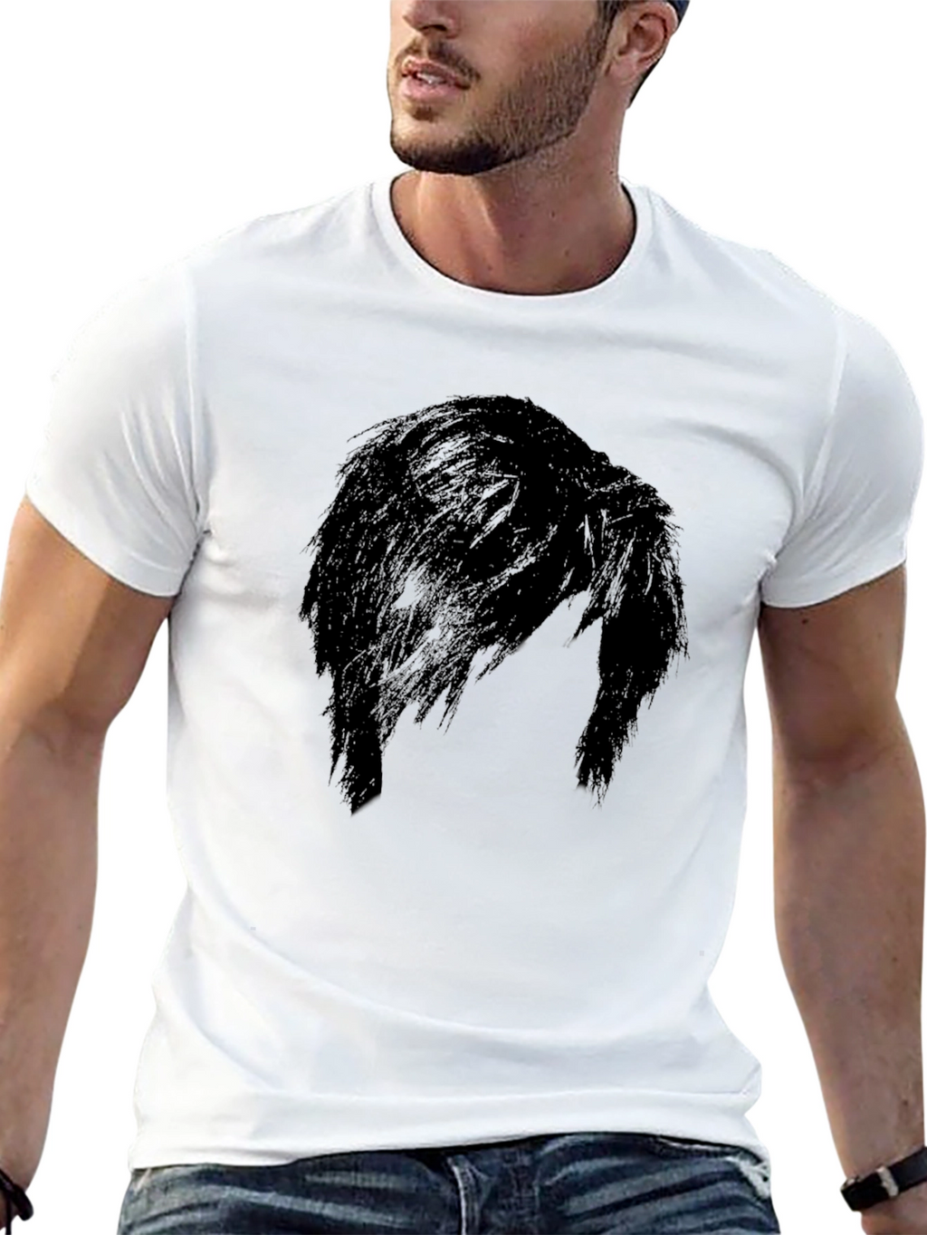 Mens Black Graphic Tee - Mysterious Hair Silhouette Design